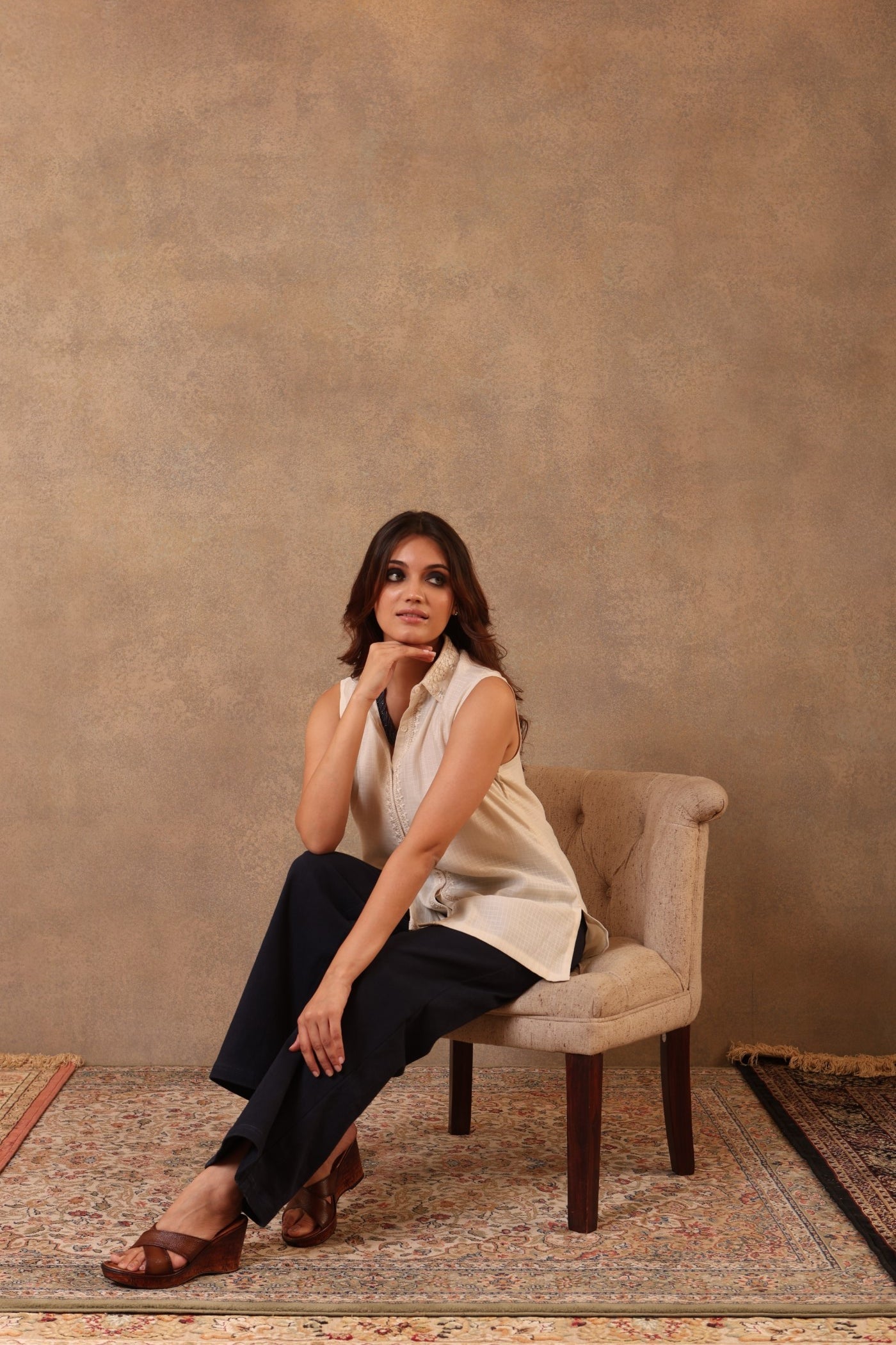 Light-Beige Hand-Embroidered Handloom Pure Cotton (Self-Checks) Collared Sleeveless Short Blouse