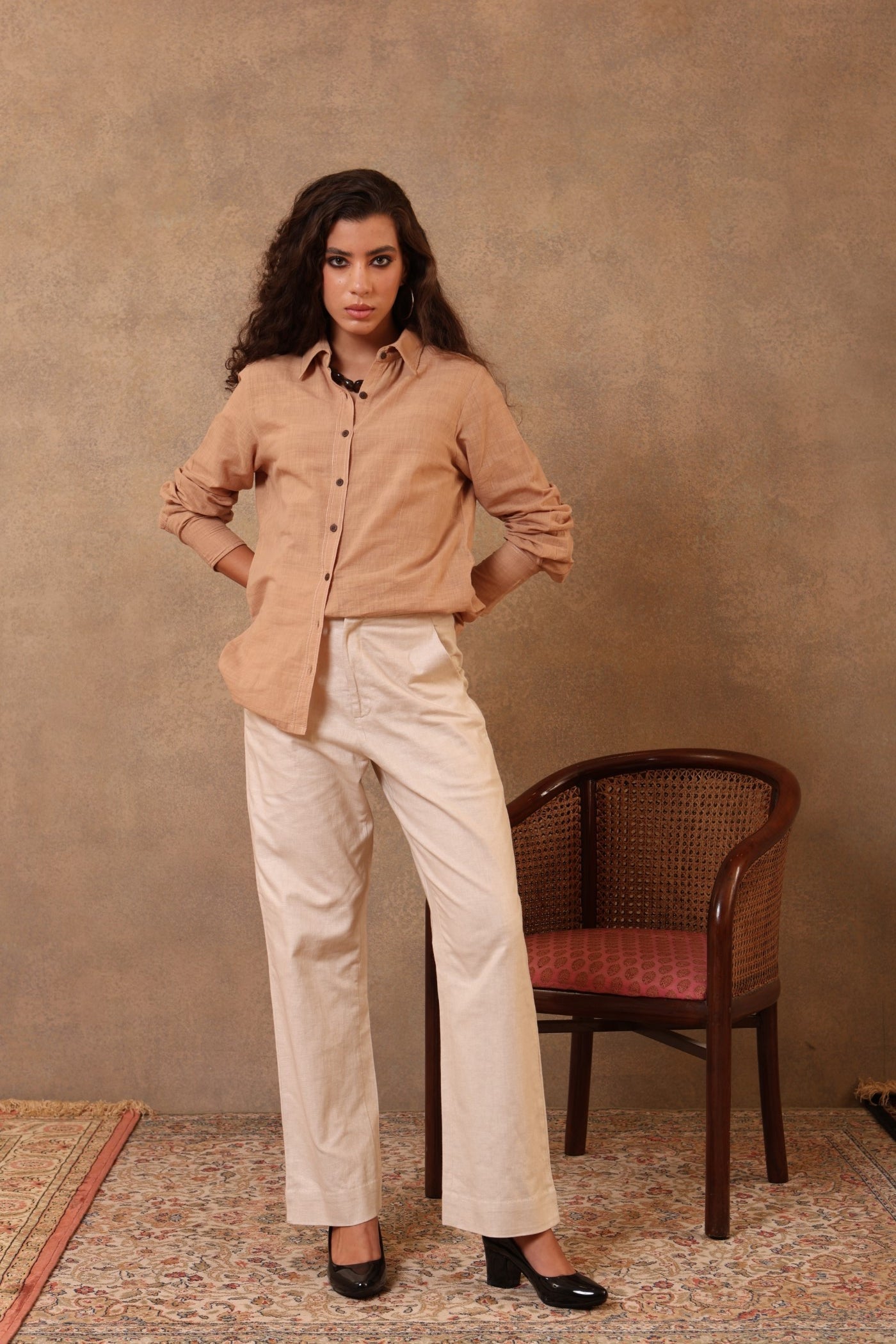 Caramel Handloom Pure Cotton Slub Collared Short Blouse
