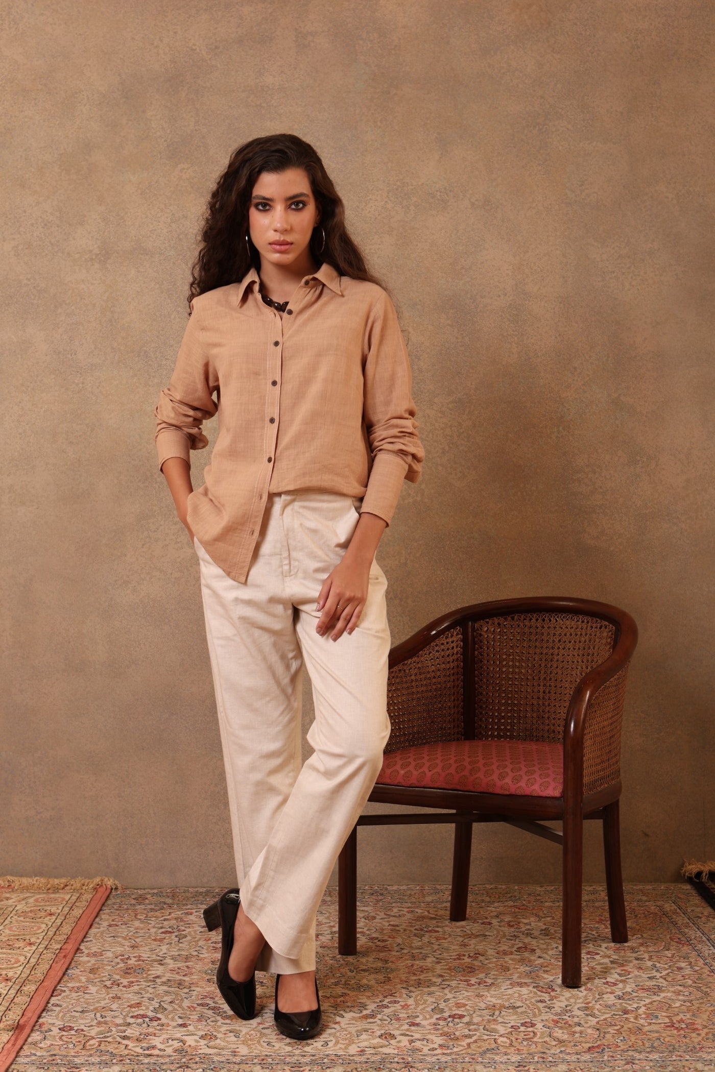 Caramel Handloom Pure Cotton Slub Collared Short Blouse