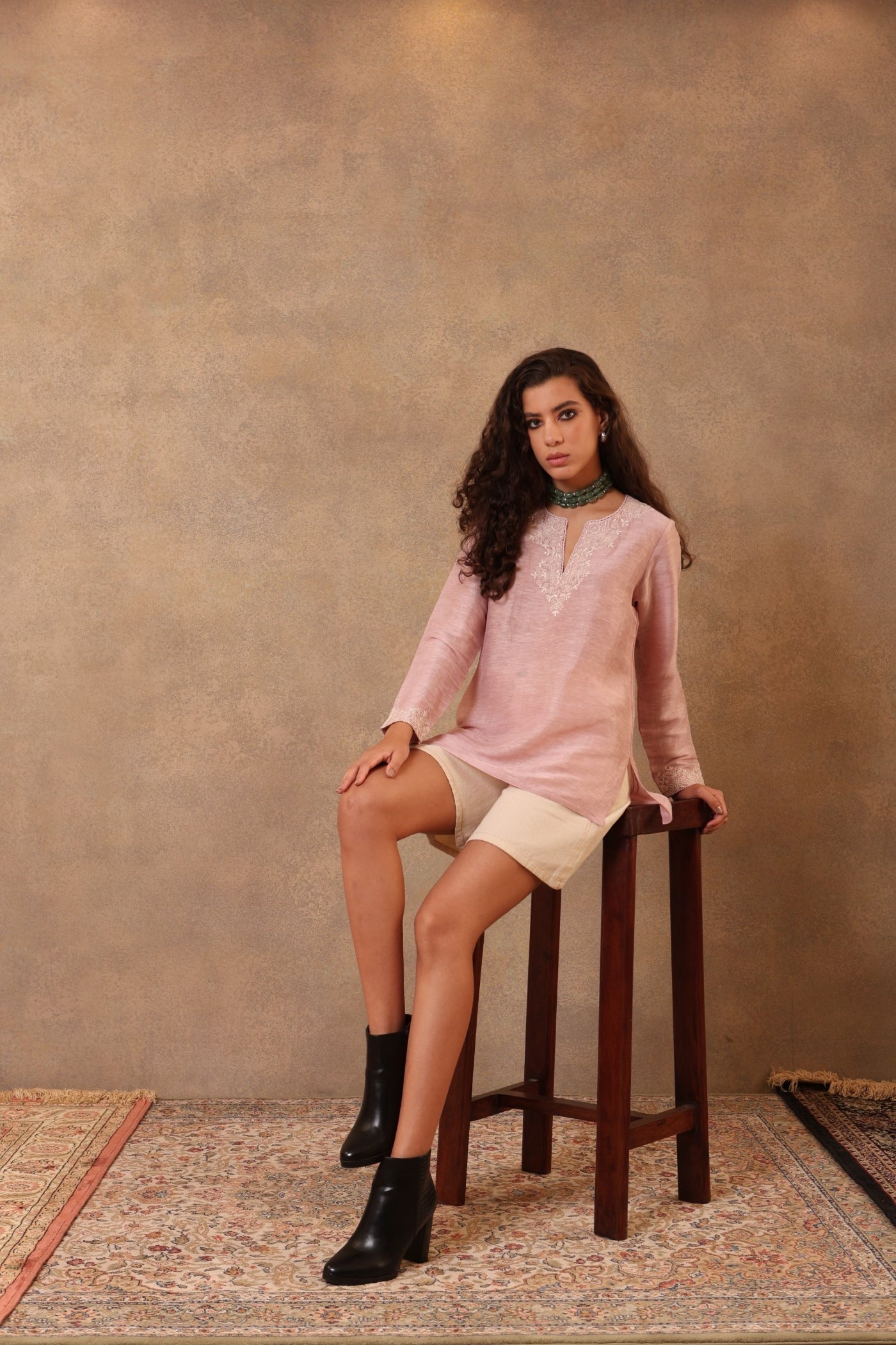 Dusty-Pink Hand-Embroidered Handloom Pure Linen-Silk Short Blouse