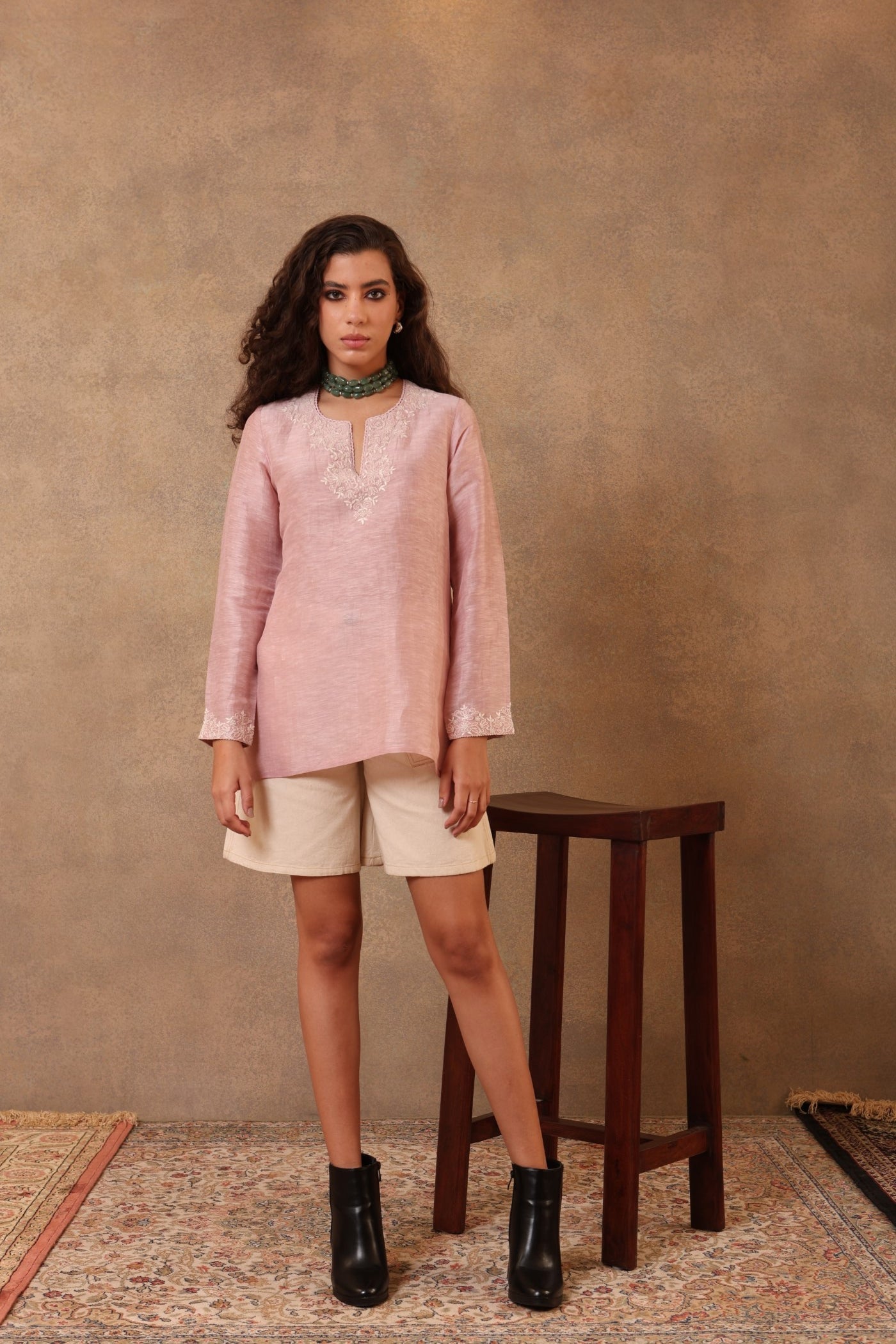Dusty-Pink Hand-Embroidered Handloom Pure Linen-Silk Short Blouse