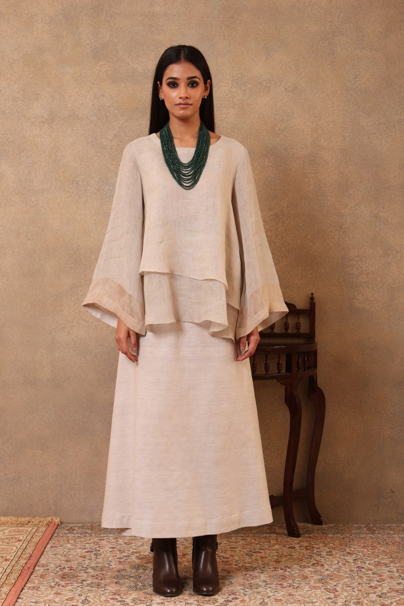 Grey & Grey-Green Double Layered Handloom Pure Linen Short Blouse