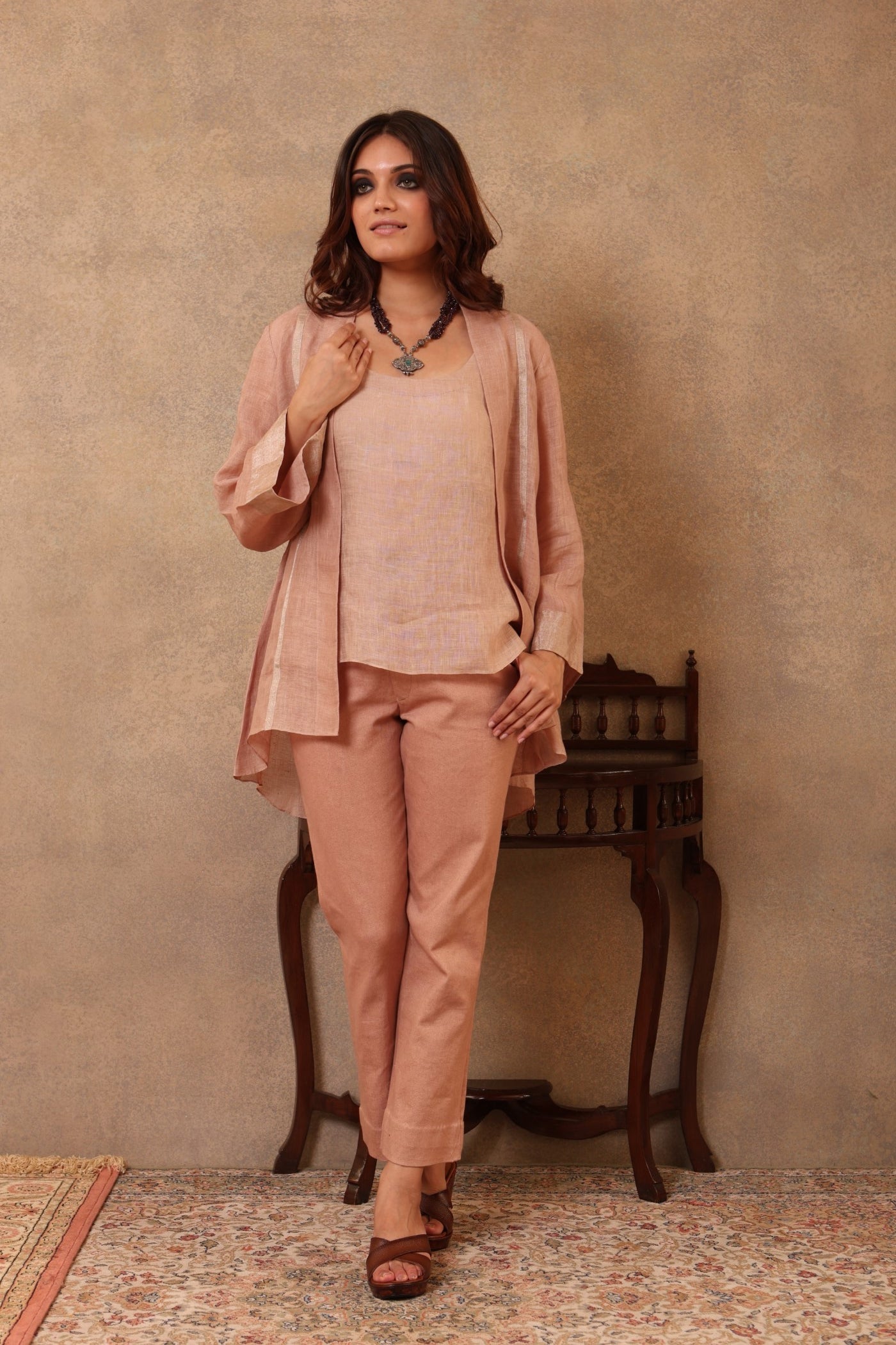 Pink-Sand Handloom Pure Linen Open-Style Short Blouse With An Inner