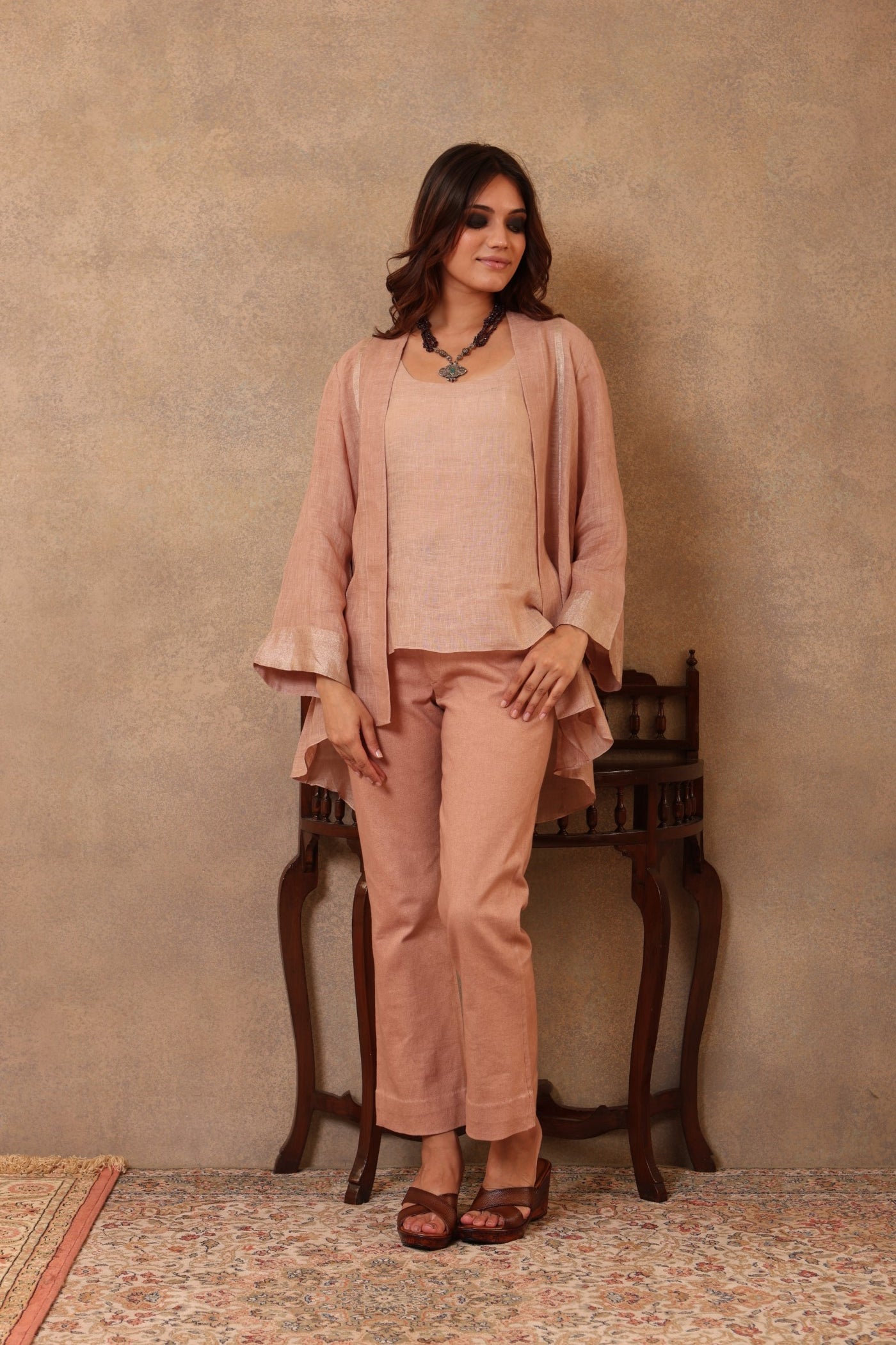 Pink-Sand Handloom Pure Linen Open-Style Short Blouse With An Inner