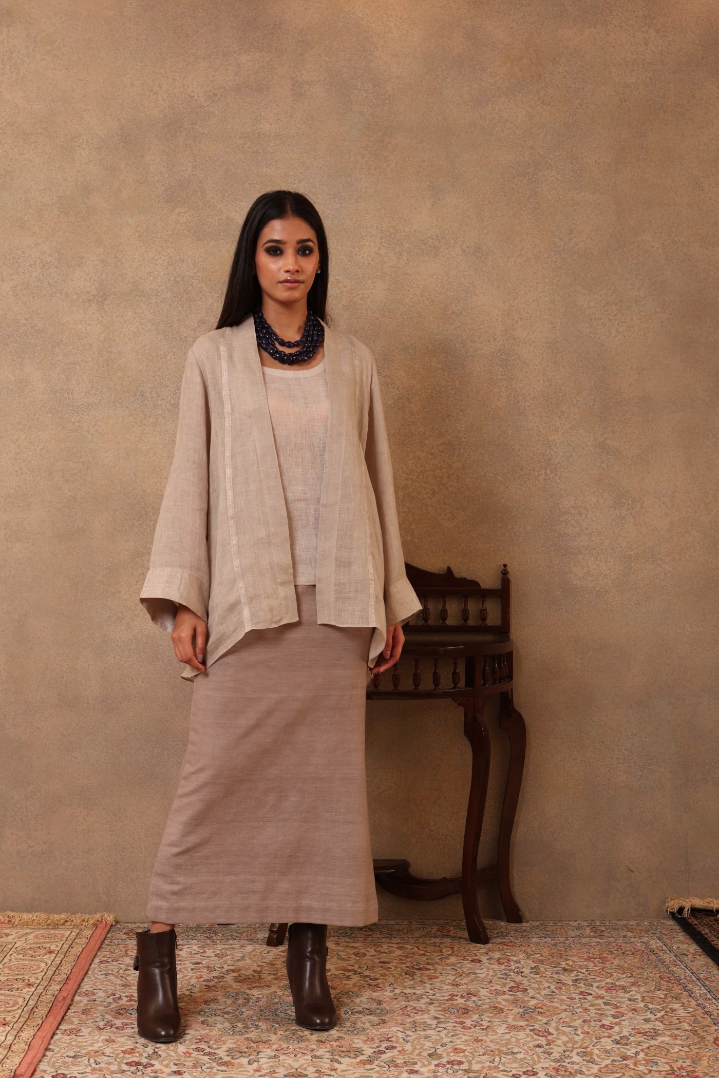Grey Handloom Pure Linen Open-Style Short Blouse With An Inner
