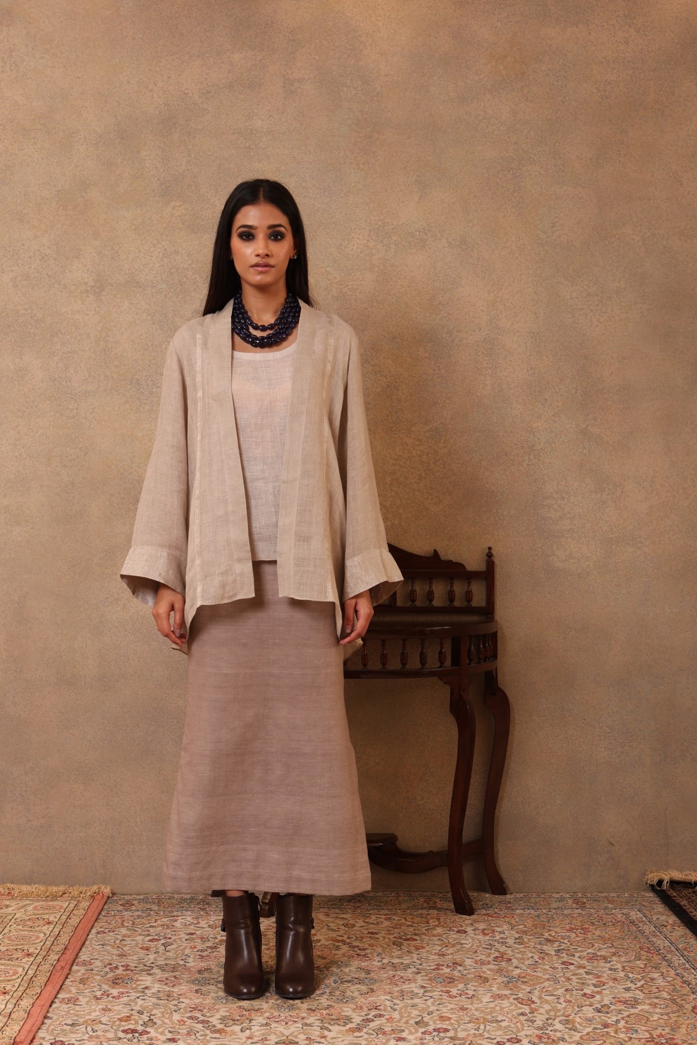 Grey Handloom Pure Linen Open-Style Short Blouse With An Inner