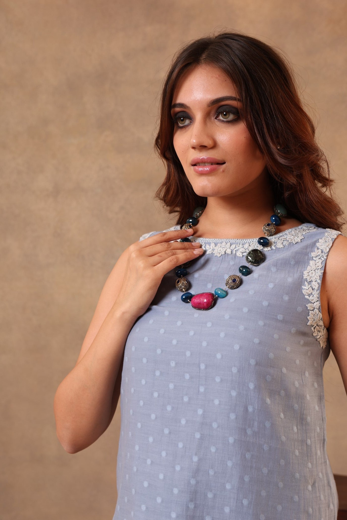 Indigo-Blue Hand-Embroidered Pure Silk-Cotton (Polka Dots) Sleeveless Short Blouse