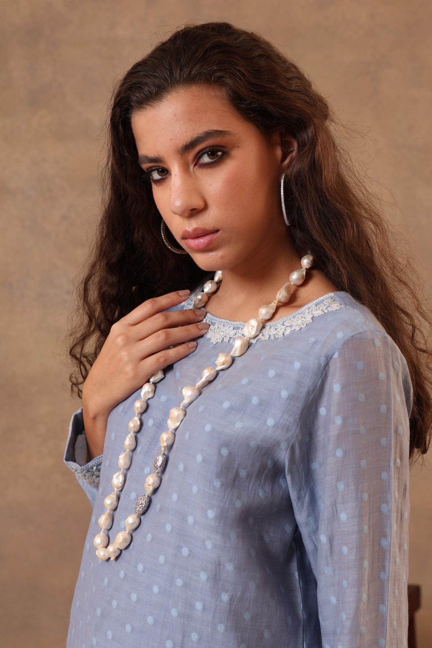 Indigo-Blue Hand-Embroidered Pure Silk-Cotton (Polka Dots) Short Blouse