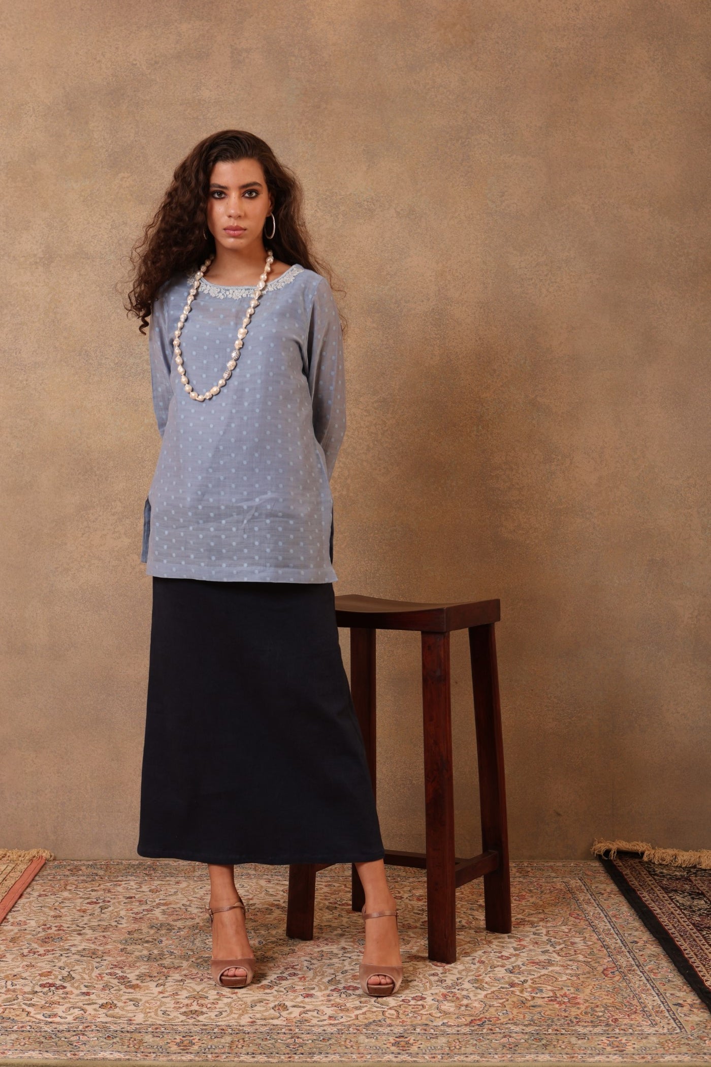 Indigo-Blue Hand-Embroidered Pure Silk-Cotton (Polka Dots) Short Blouse