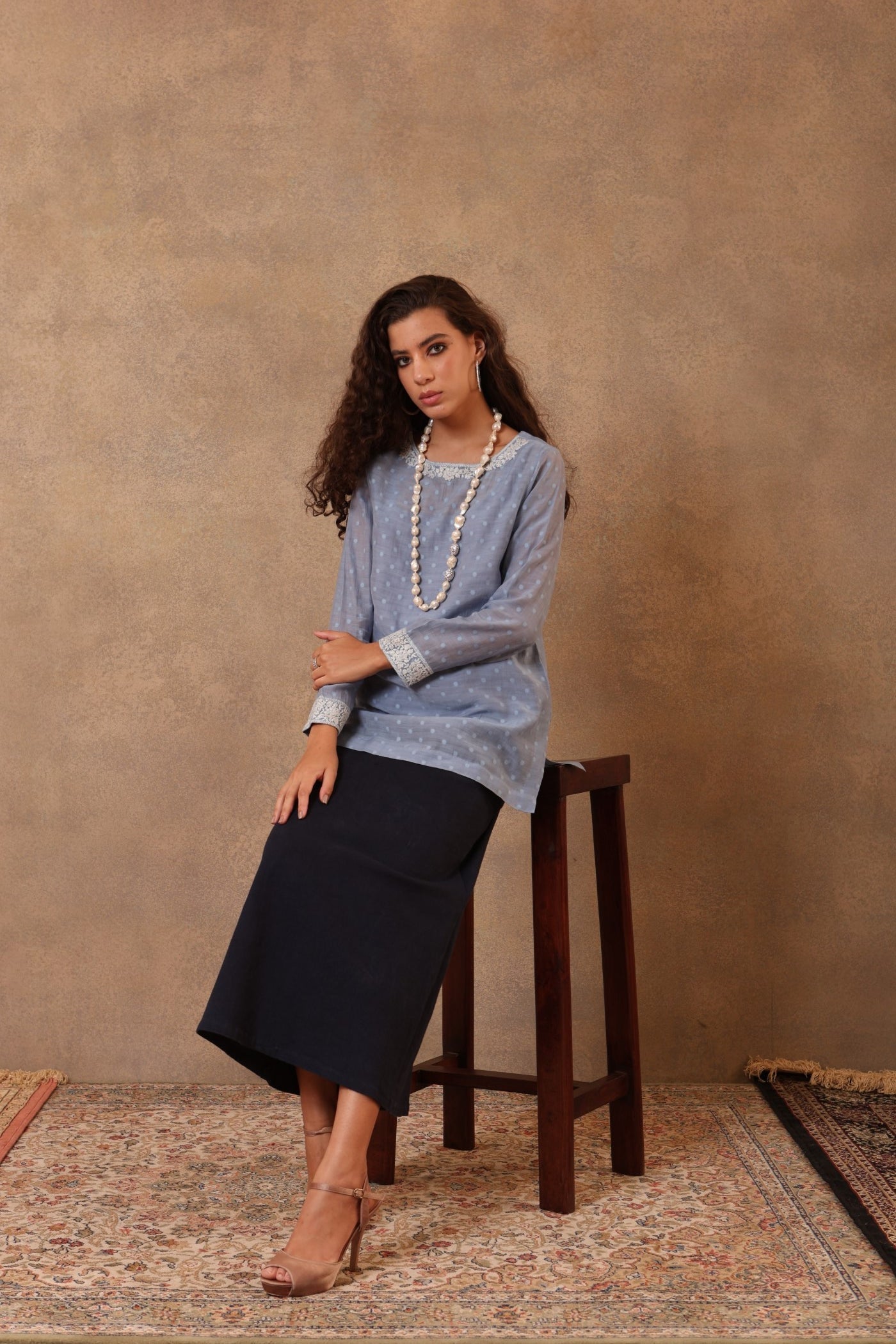 Indigo-Blue Hand-Embroidered Pure Silk-Cotton (Polka Dots) Short Blouse