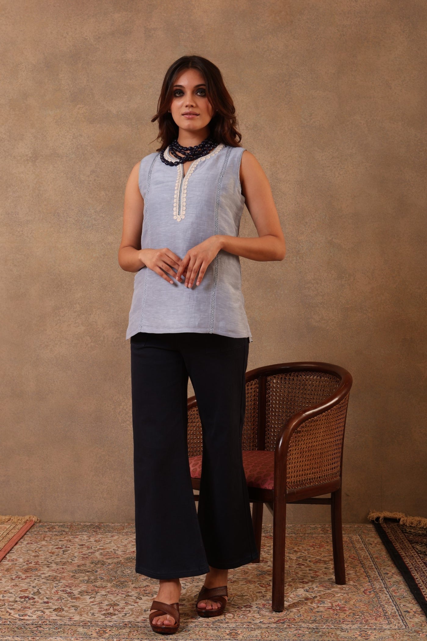 Indigo-Blue Hand-Embroidered Pure Linen-Silk Sleeveless Short Blouse