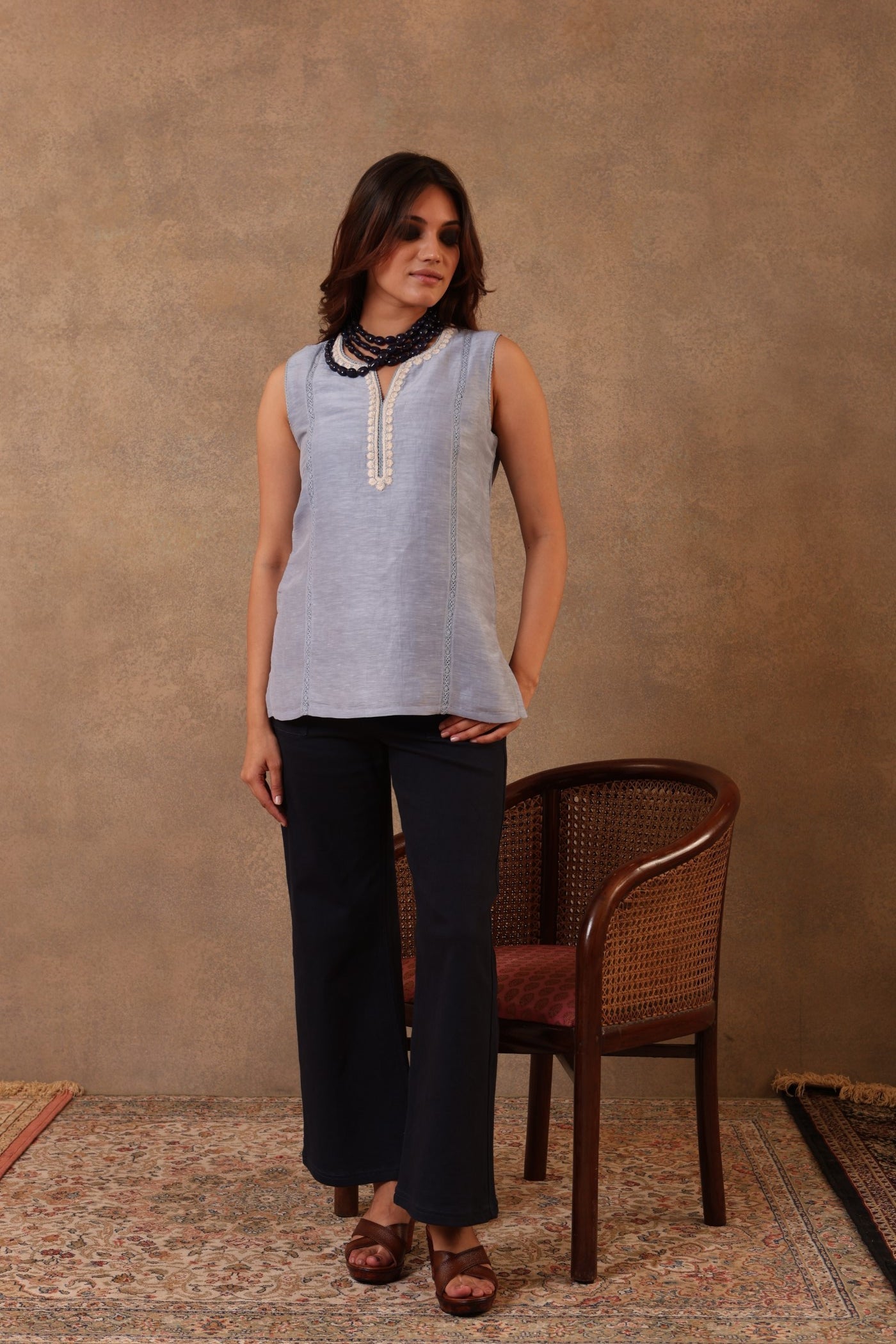 Indigo-Blue Hand-Embroidered Pure Linen-Silk Sleeveless Short Blouse