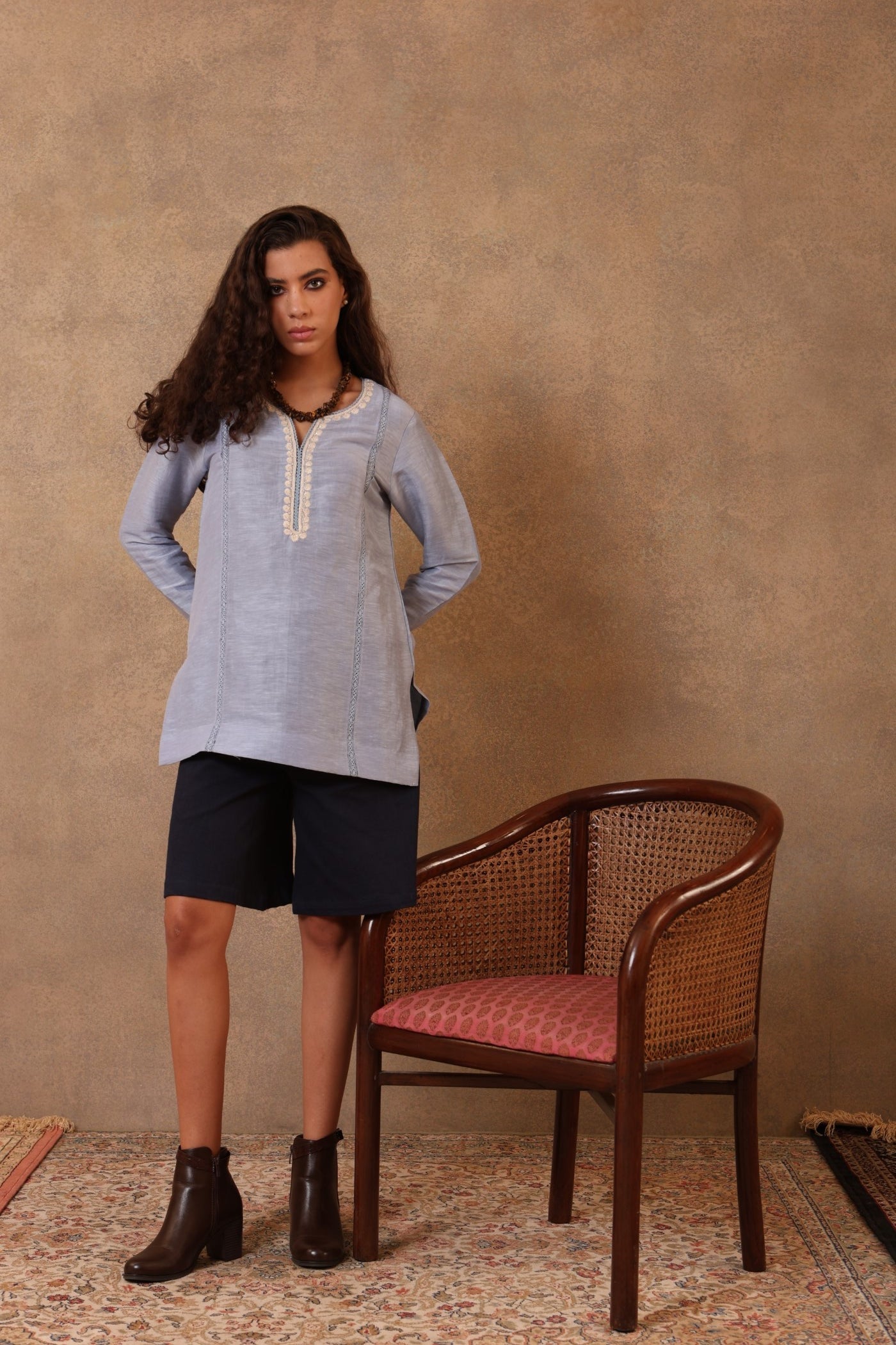 Indigo-Blue Hand-Embroidered Pure Linen-Silk Short Blouse