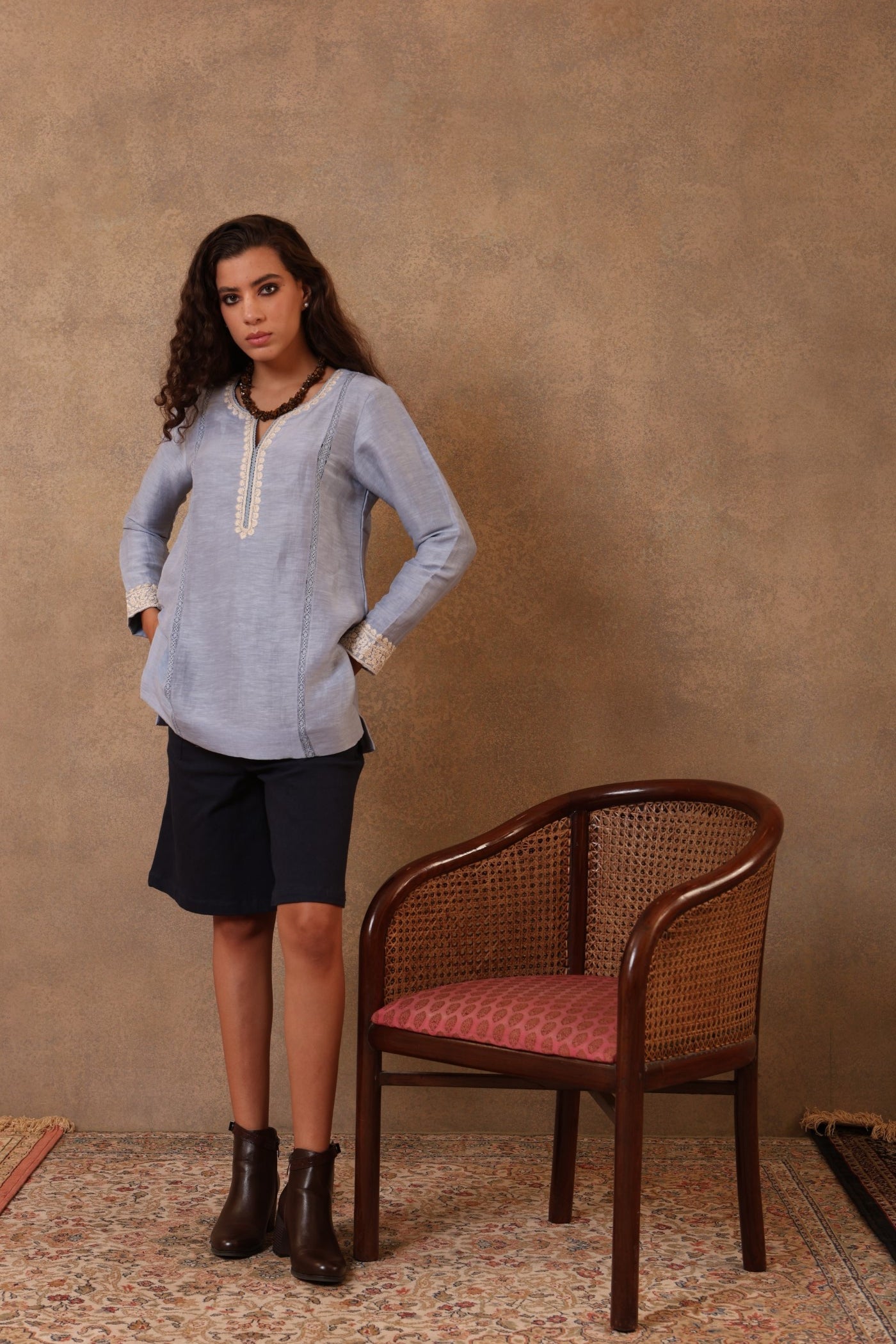 Indigo-Blue Hand-Embroidered Pure Linen-Silk Short Blouse