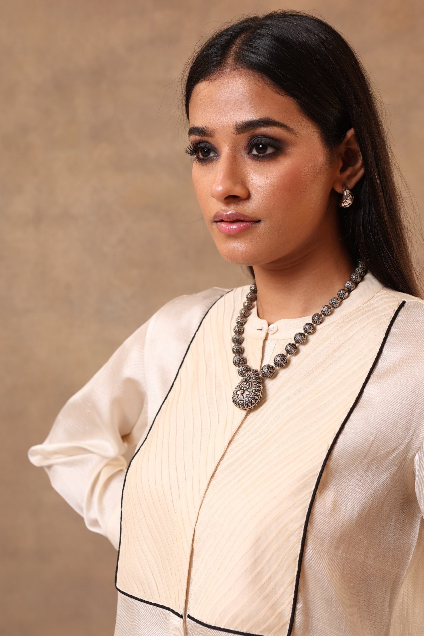 Ivory Pure Silk (Twill Weave) Short Blouse With Pintucked Yoke