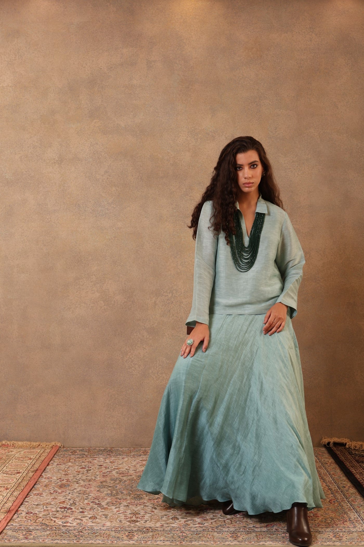 Aqua-Sea Blue Pure Linen-Silk Collared Short Blouse
