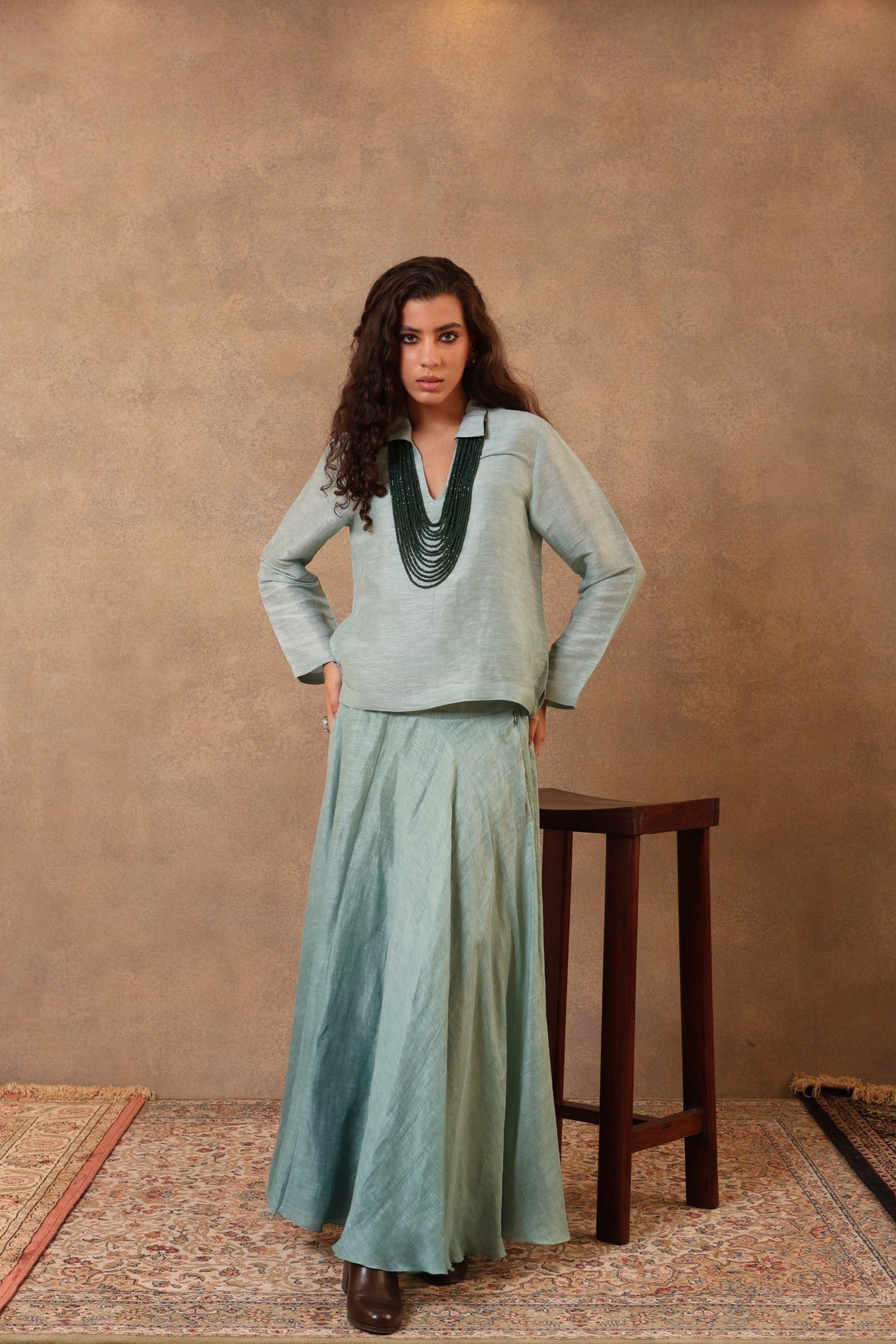 Aqua-Sea Blue Pure Linen-Silk Collared Short Blouse