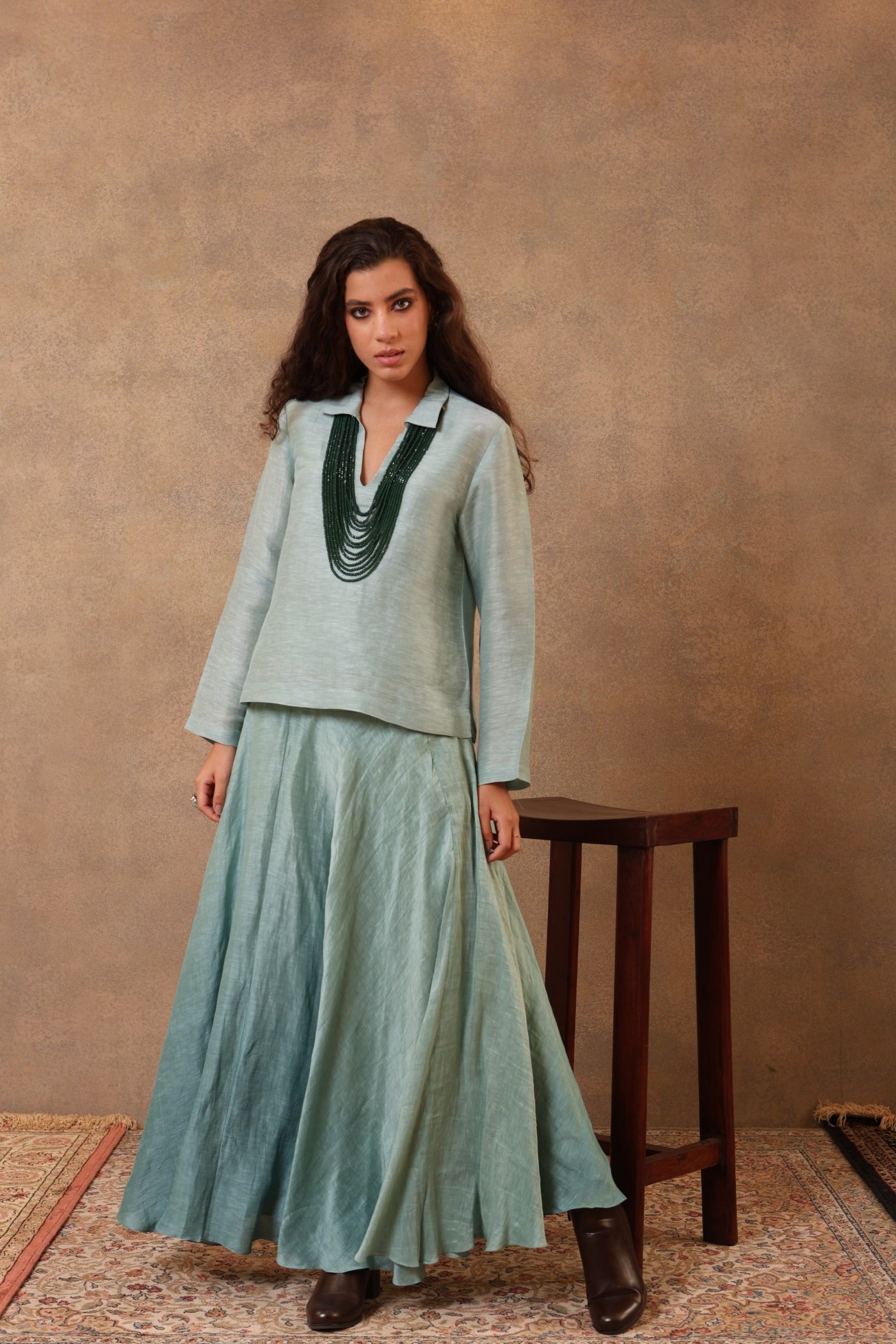 Aqua-Sea Blue Pure Linen-Silk Collared Short Blouse