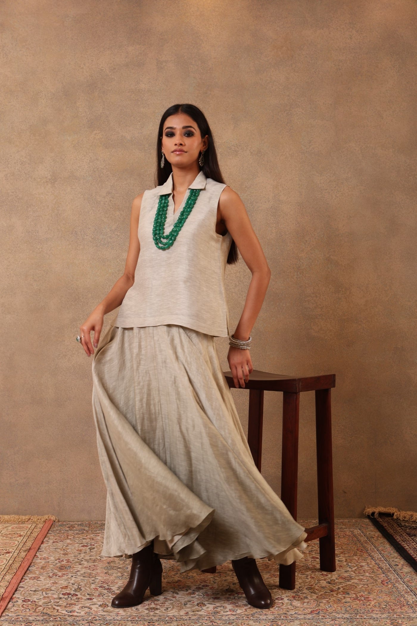 Beige-Green Pure Linen-Silk Flared Skirt
