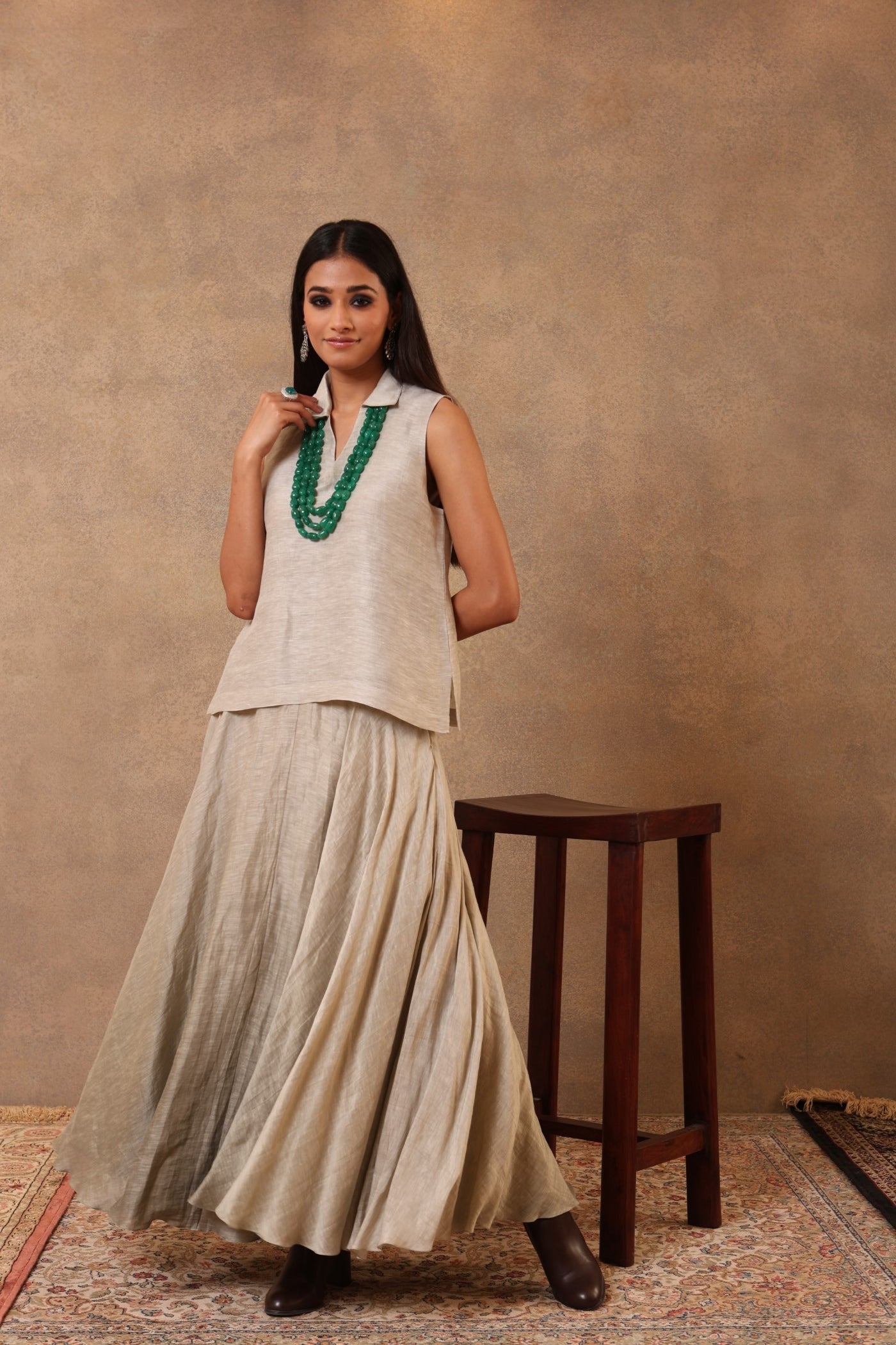 Beige-Green Pure Linen-Silk Flared Skirt