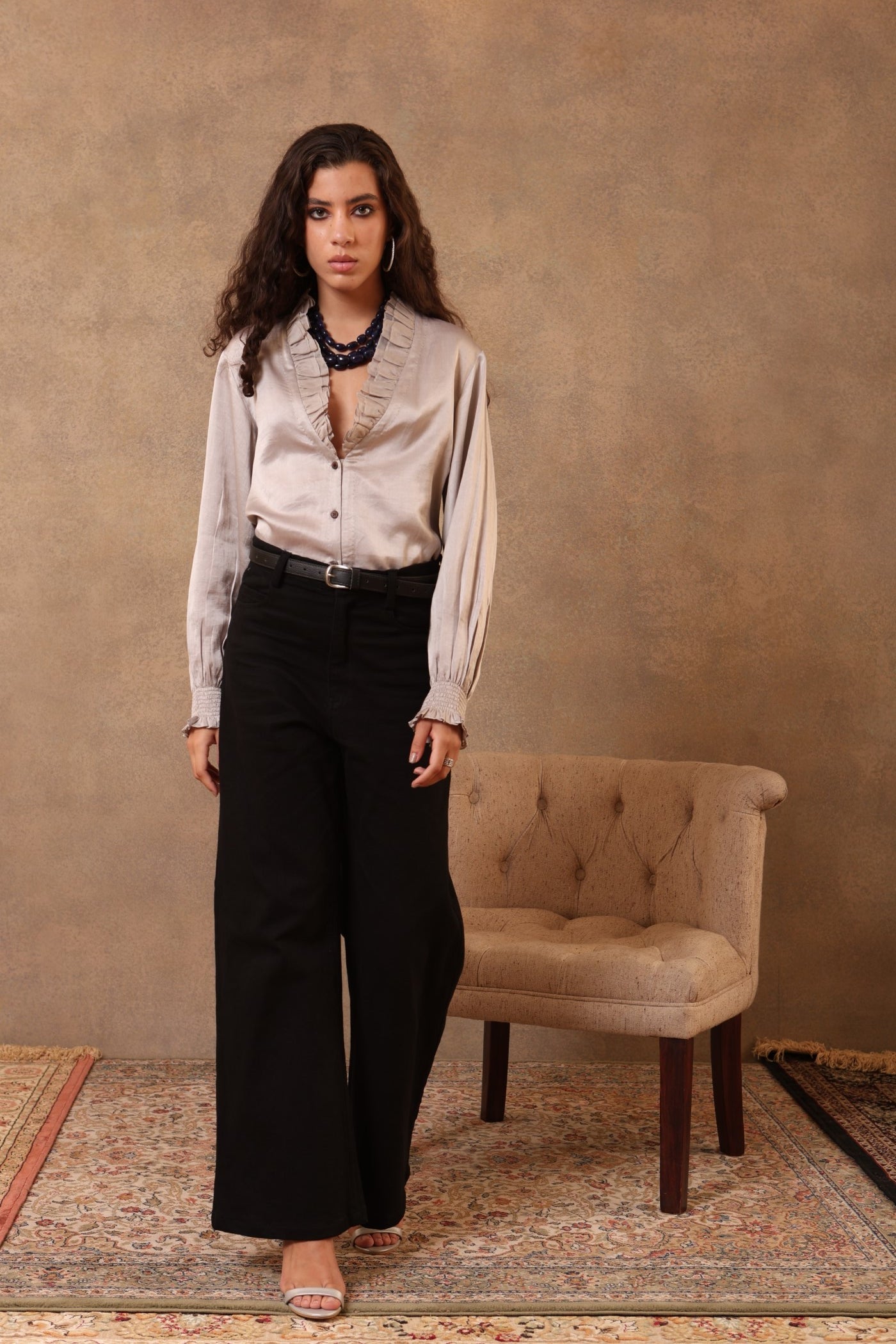Light-Grey Handloom Pure Mashru (Silk-Cotton) Frilled Collared Classic Short Blouse