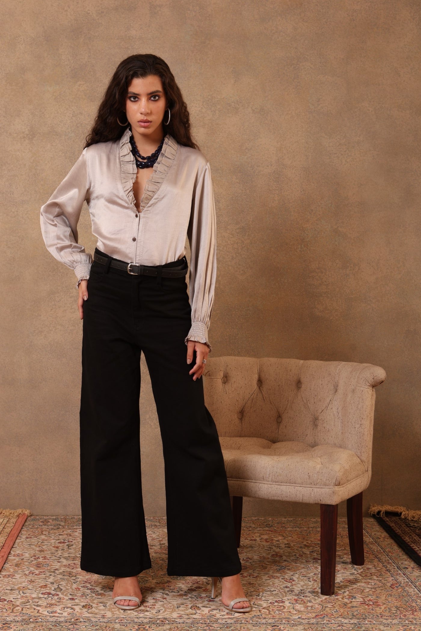 Light-Grey Handloom Pure Mashru (Silk-Cotton) Frilled Collared Classic Short Blouse