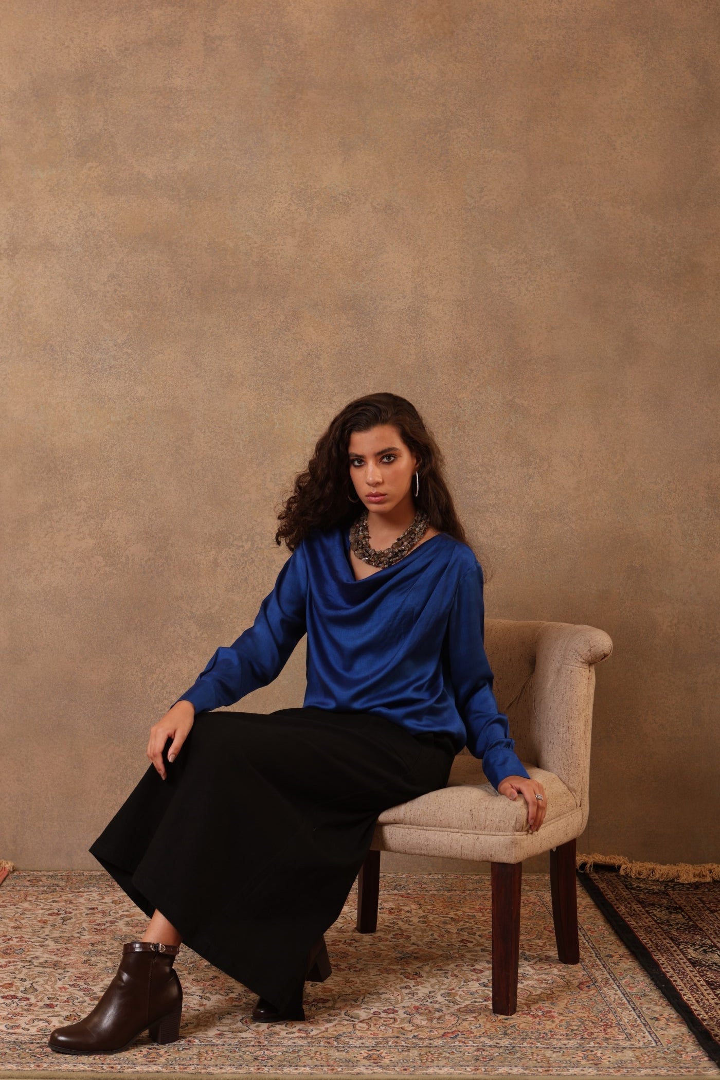 Royal-Blue Handloom Pure Eri-Spun Silk Draped Short Blouse With Cowl Neck