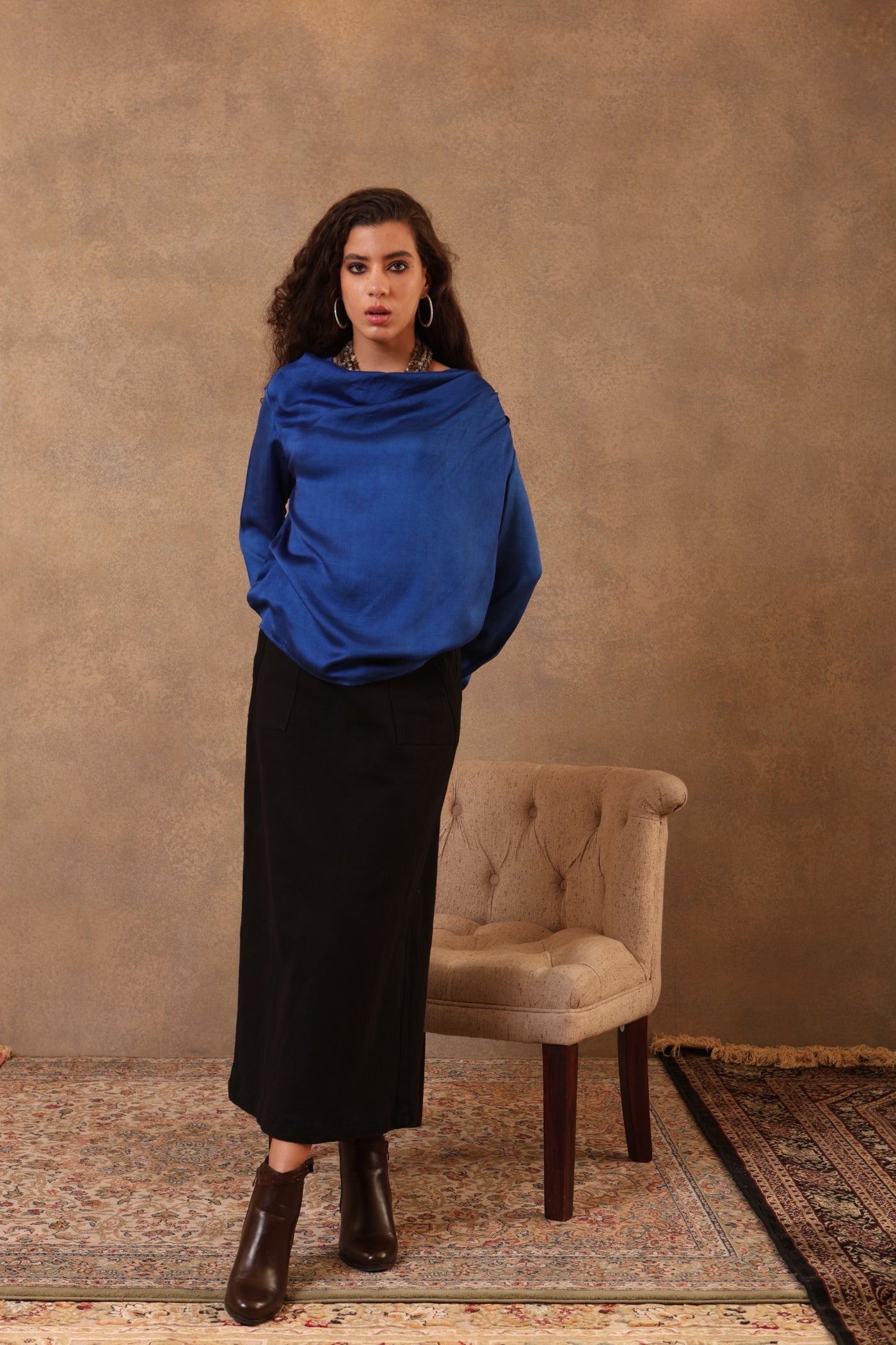 Royal-Blue Handloom Pure Eri-Spun Silk Draped Short Blouse With Cowl Neck