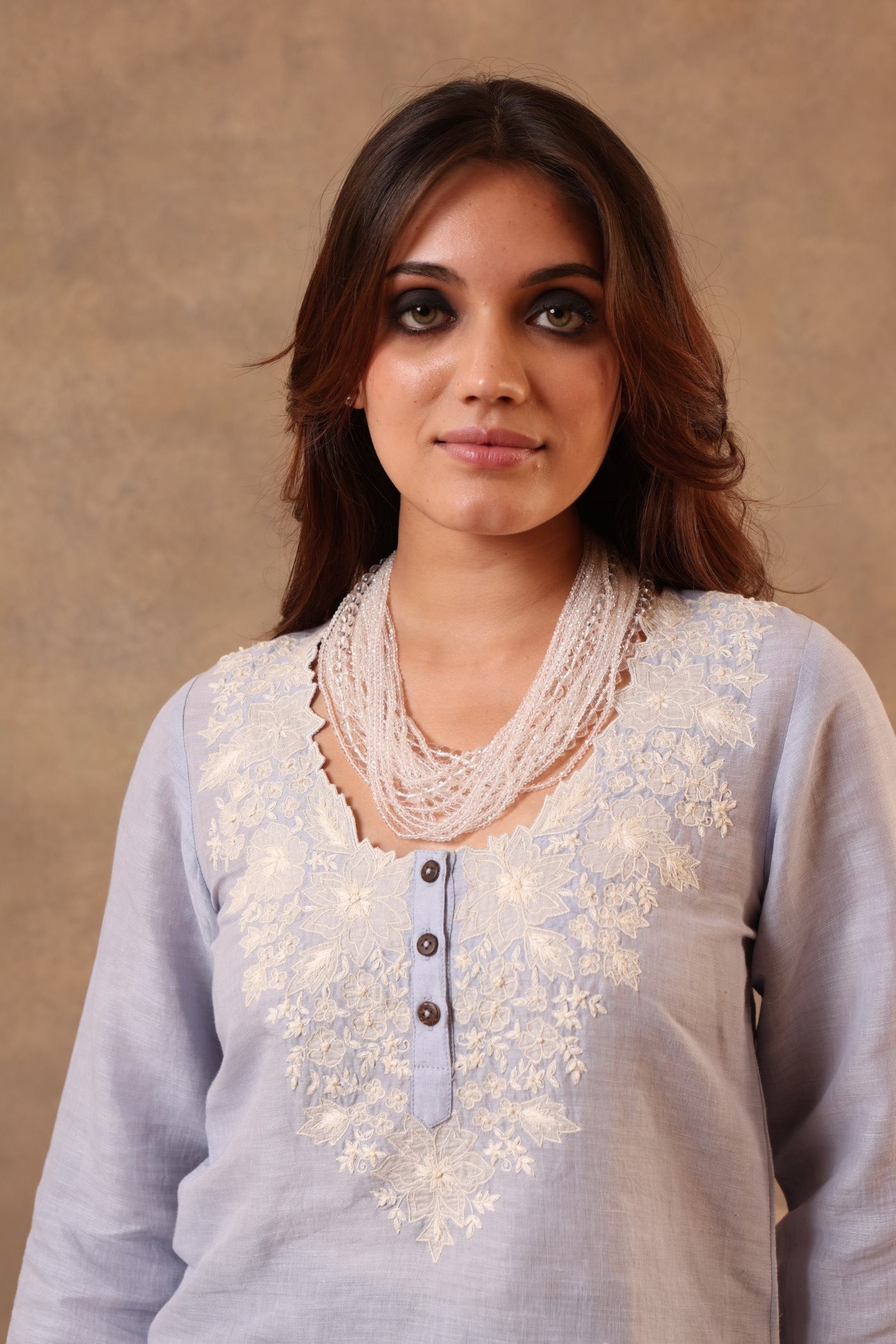 Forever-Blue Hand-Embroidered (Cutwork) Pure Linen-Cotton Short Blouse With Scalloped Neckline