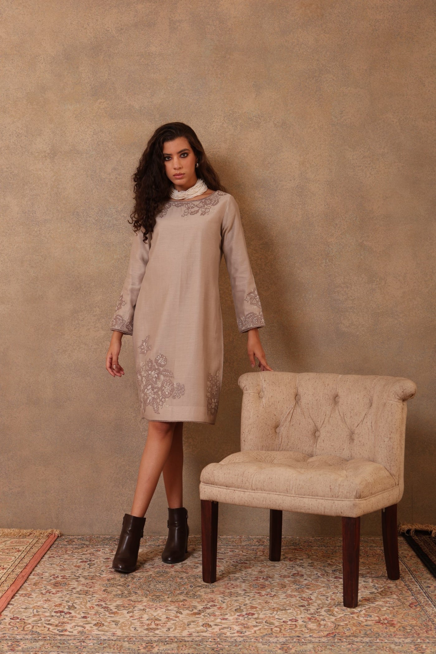 Grey Hand-Embroidered Pure Cotton-Silk Short Dress