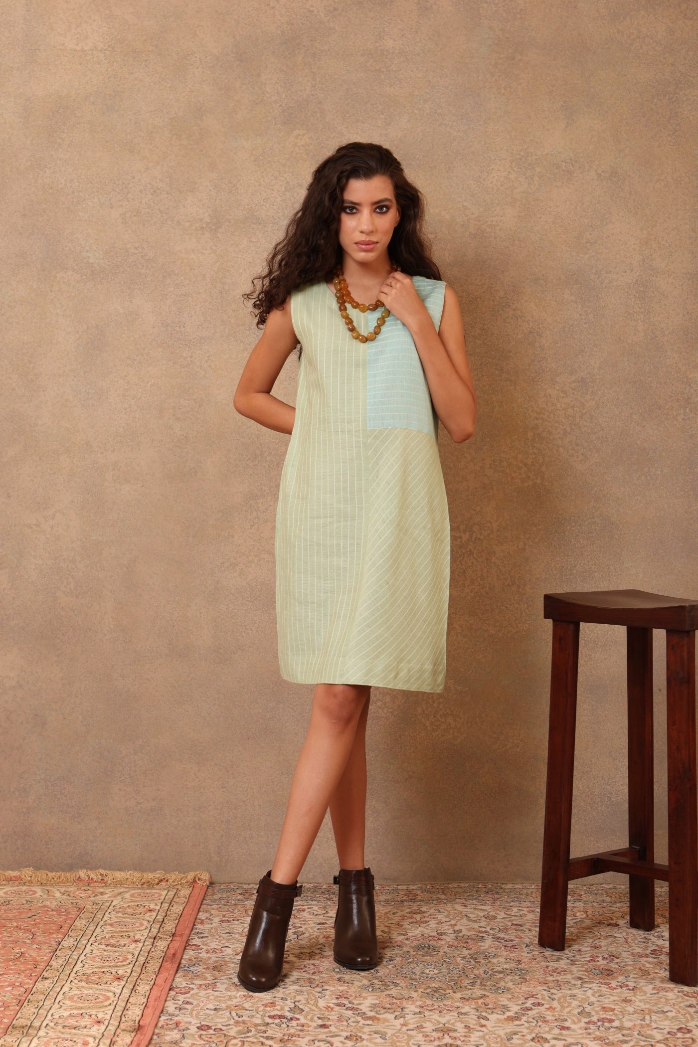 Green-Blue Handloom Pure Mulberry-Eri Silk Sleeveless Short Dress