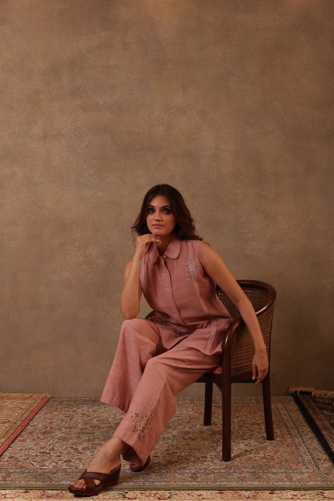 Dusty-Pink Hand-Embroidered Co-Ord Set: Pure Cotton Collared & Sleeveless Blouse Paired With Pure Cotton Trousers