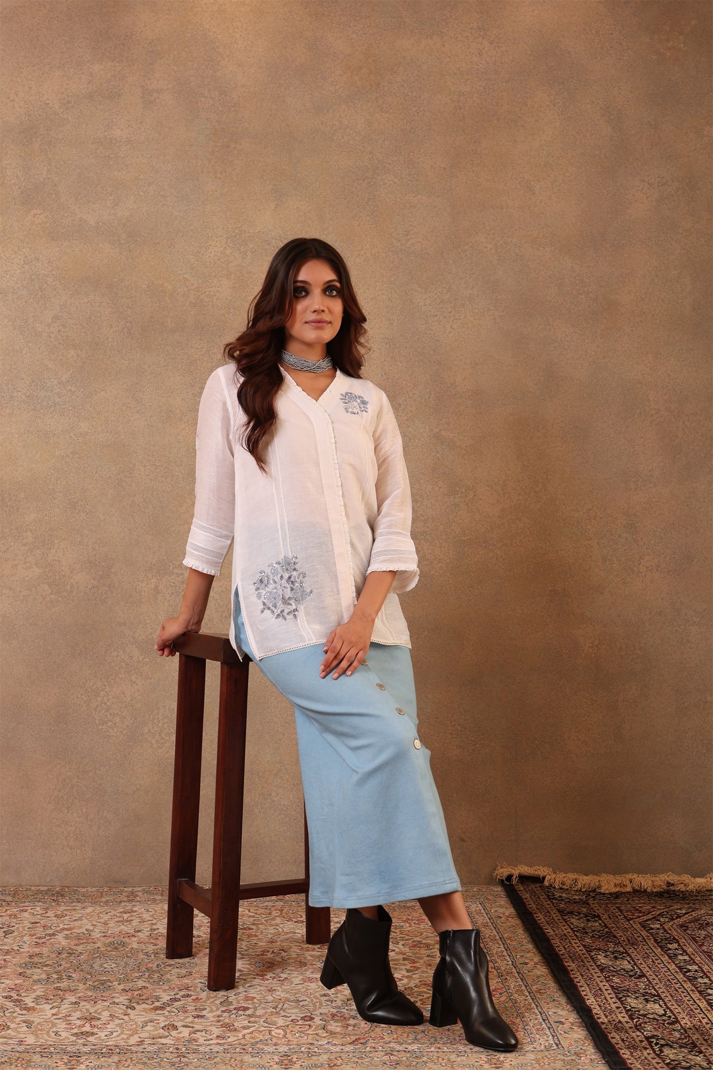 Ivory Hand-Embroidered Pure Silk-Linen Blouse With Threadwork Detail And Pure Cotton Frills