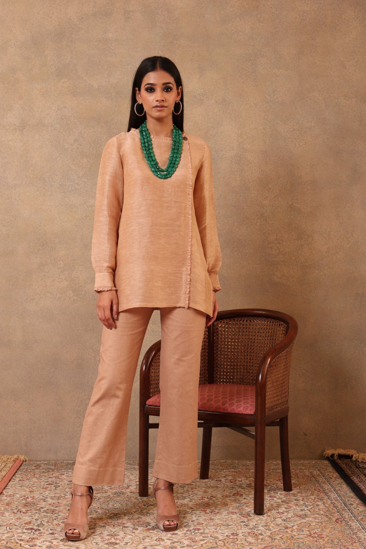 Caramel Pure Silk-Linen Blouse With Cotton-Silk Frills