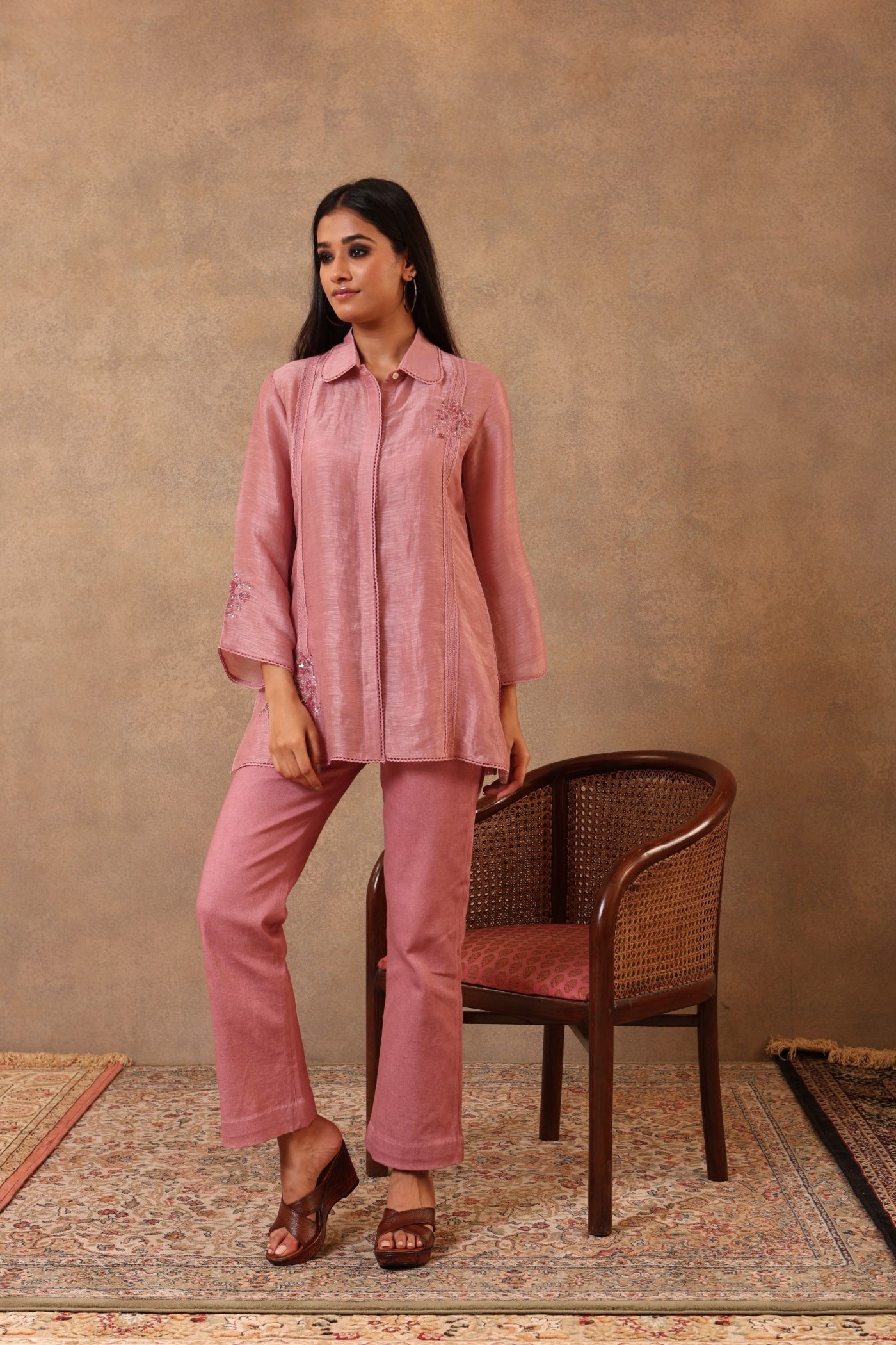 Lilac-Rose Hand-Embroidered Pure Silk-Linen Collared Blouse With Cotton Laces
