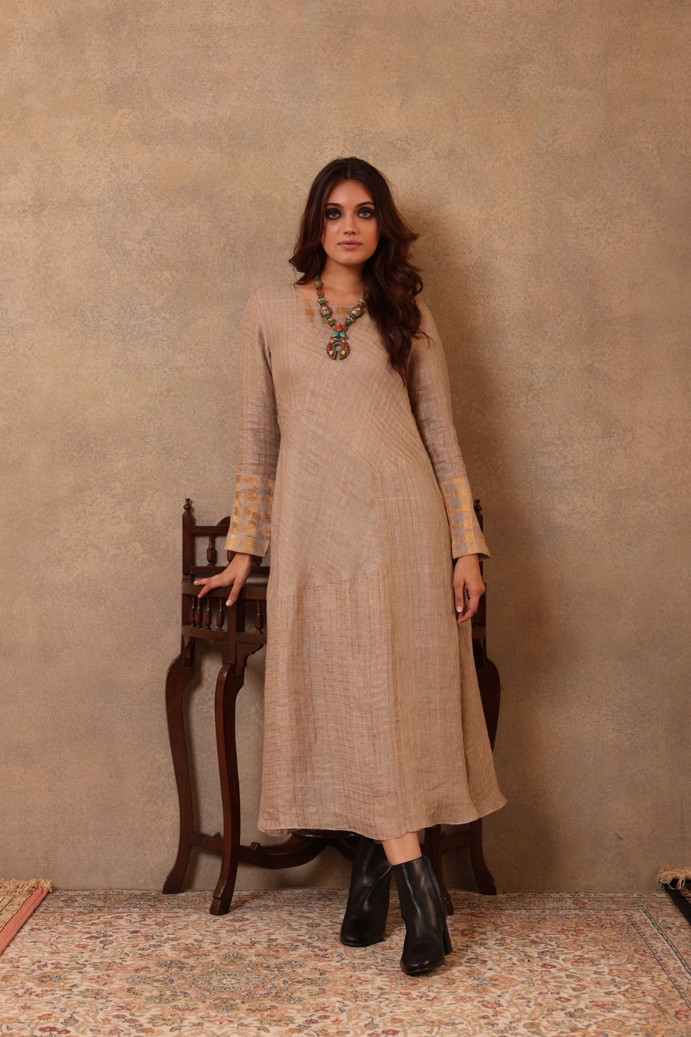 Beige-Grey Handloom Pure Linen (With Metallic Weave) Straight Long Dress