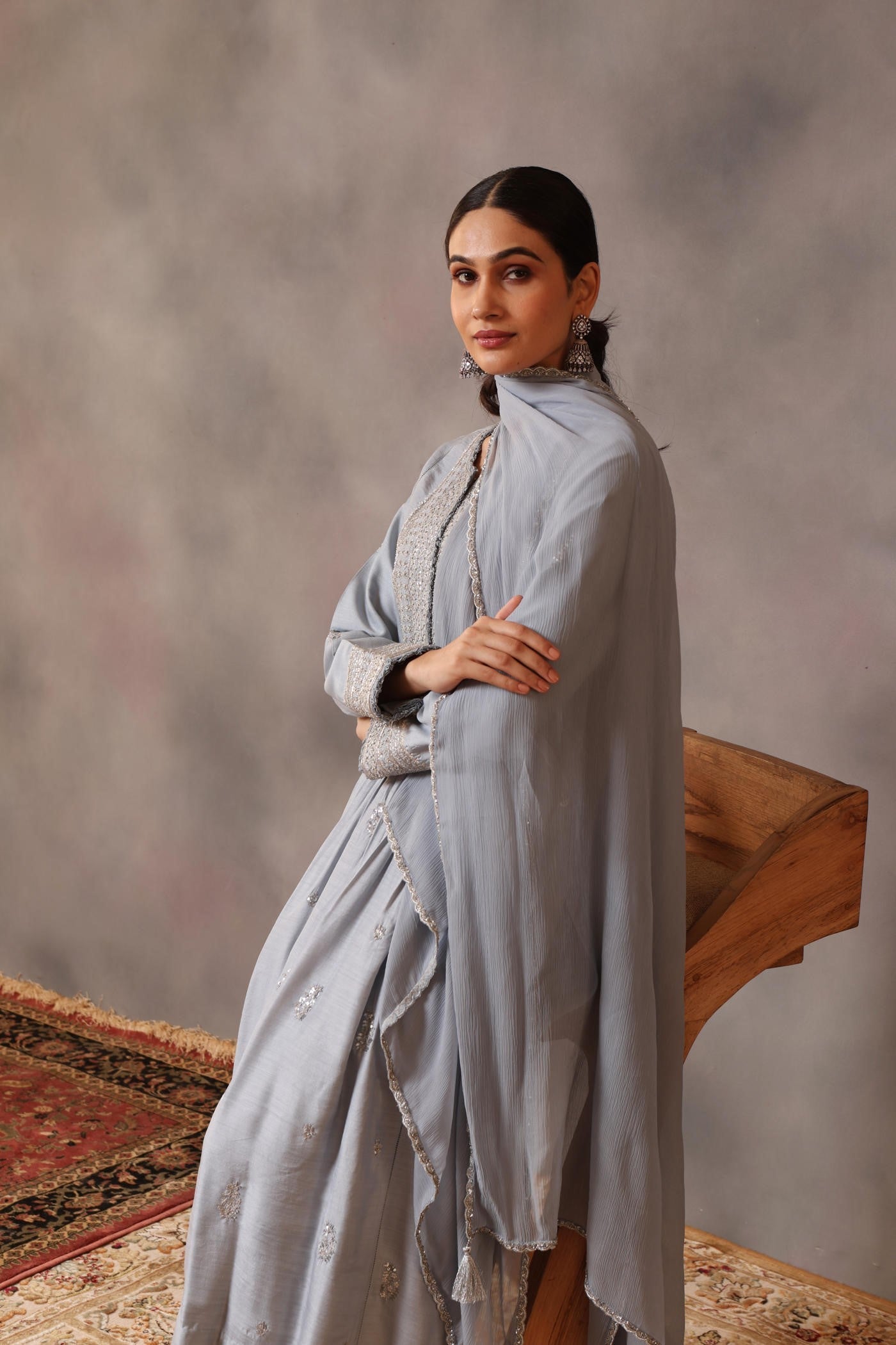 Hand Embroidered Shadow Blue Pure Muga Silk Kurta Pants Set