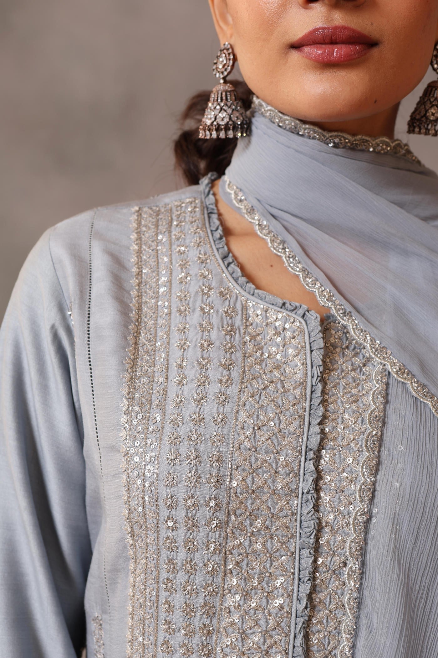 Hand Embroidered Shadow Blue Pure Muga Silk Kurta Pants Set