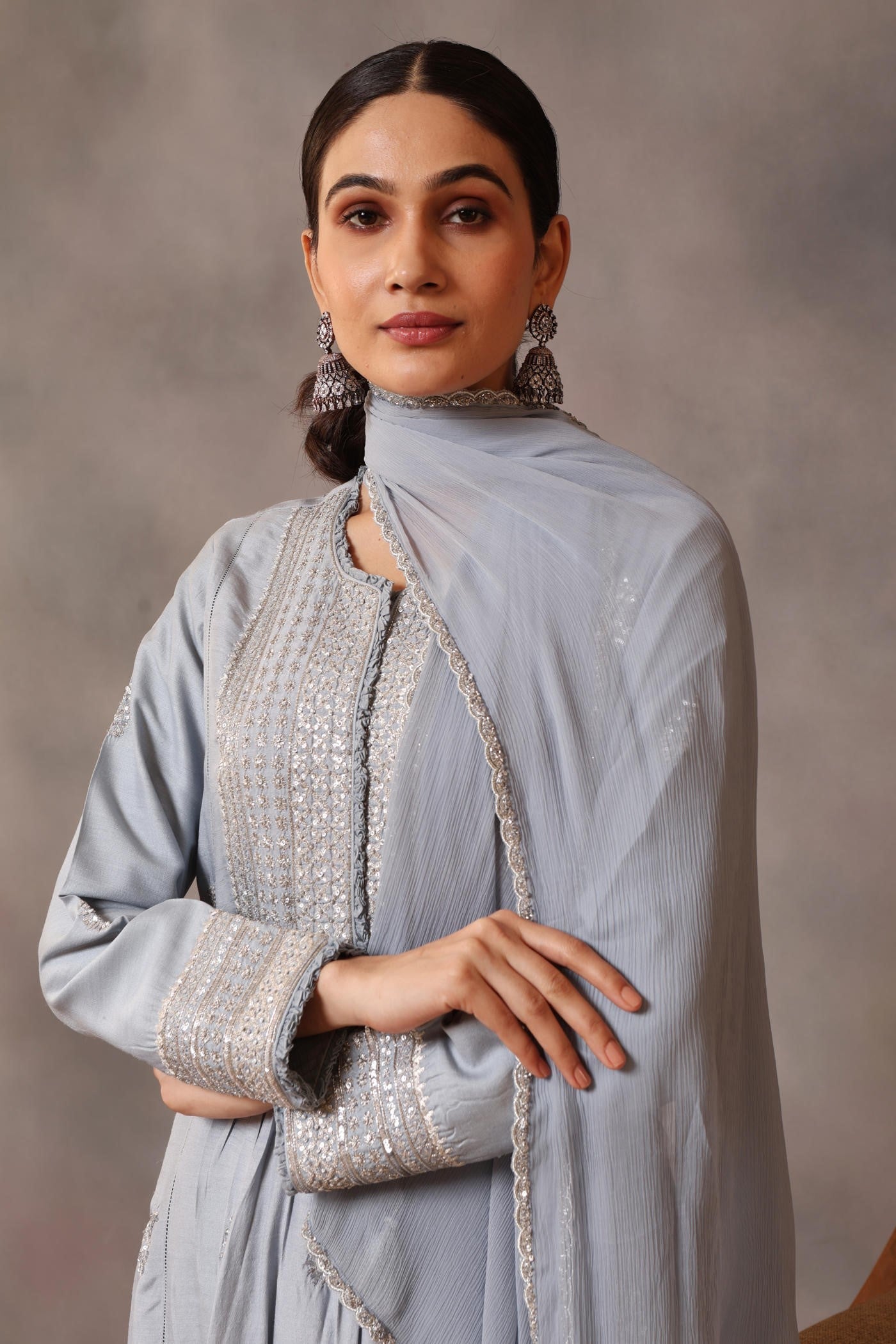 Hand Embroidered Shadow Blue Pure Muga Silk Kurta Pants Set