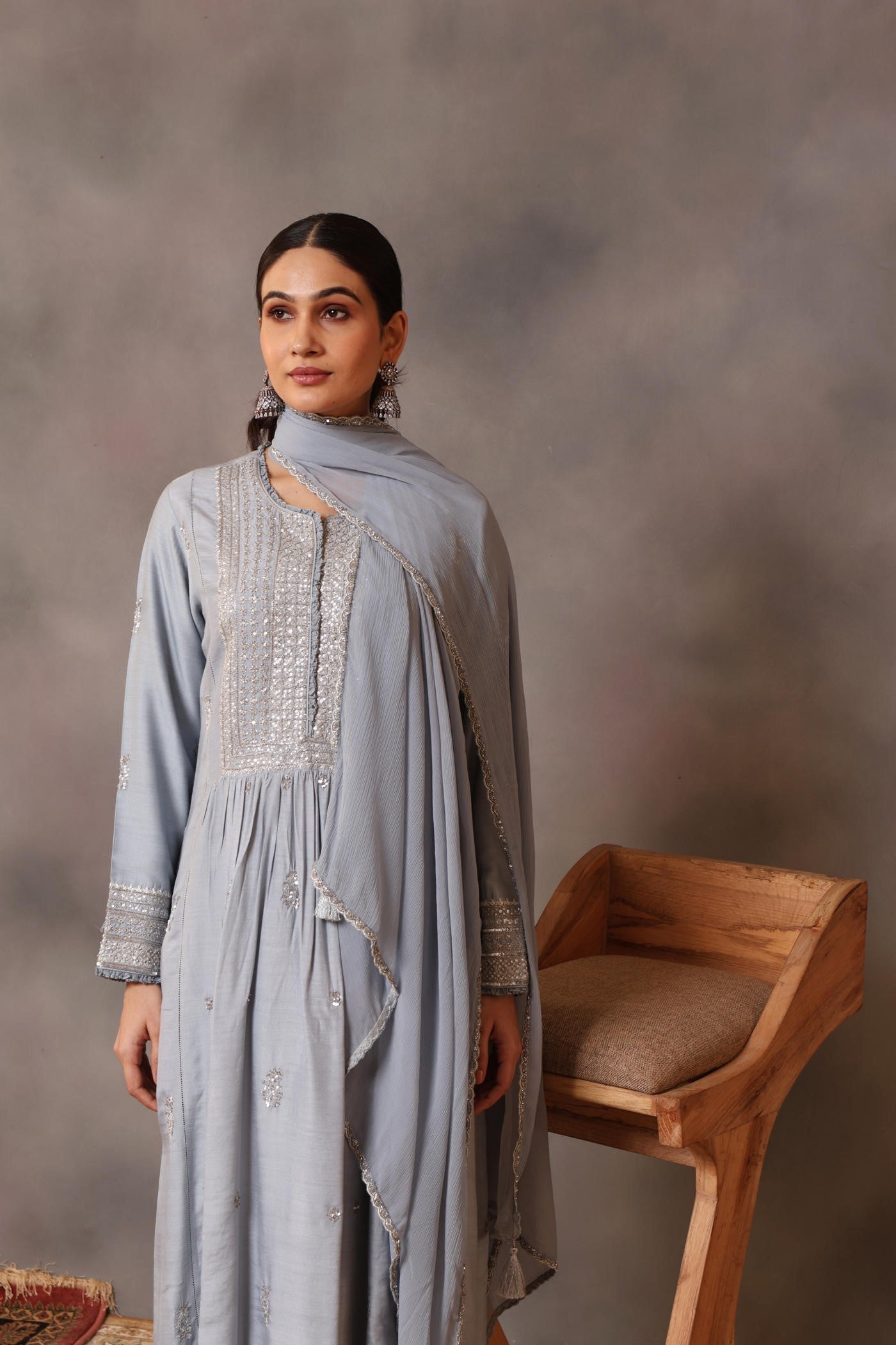 Hand Embroidered Shadow Blue Pure Muga Silk Kurta Pants Set