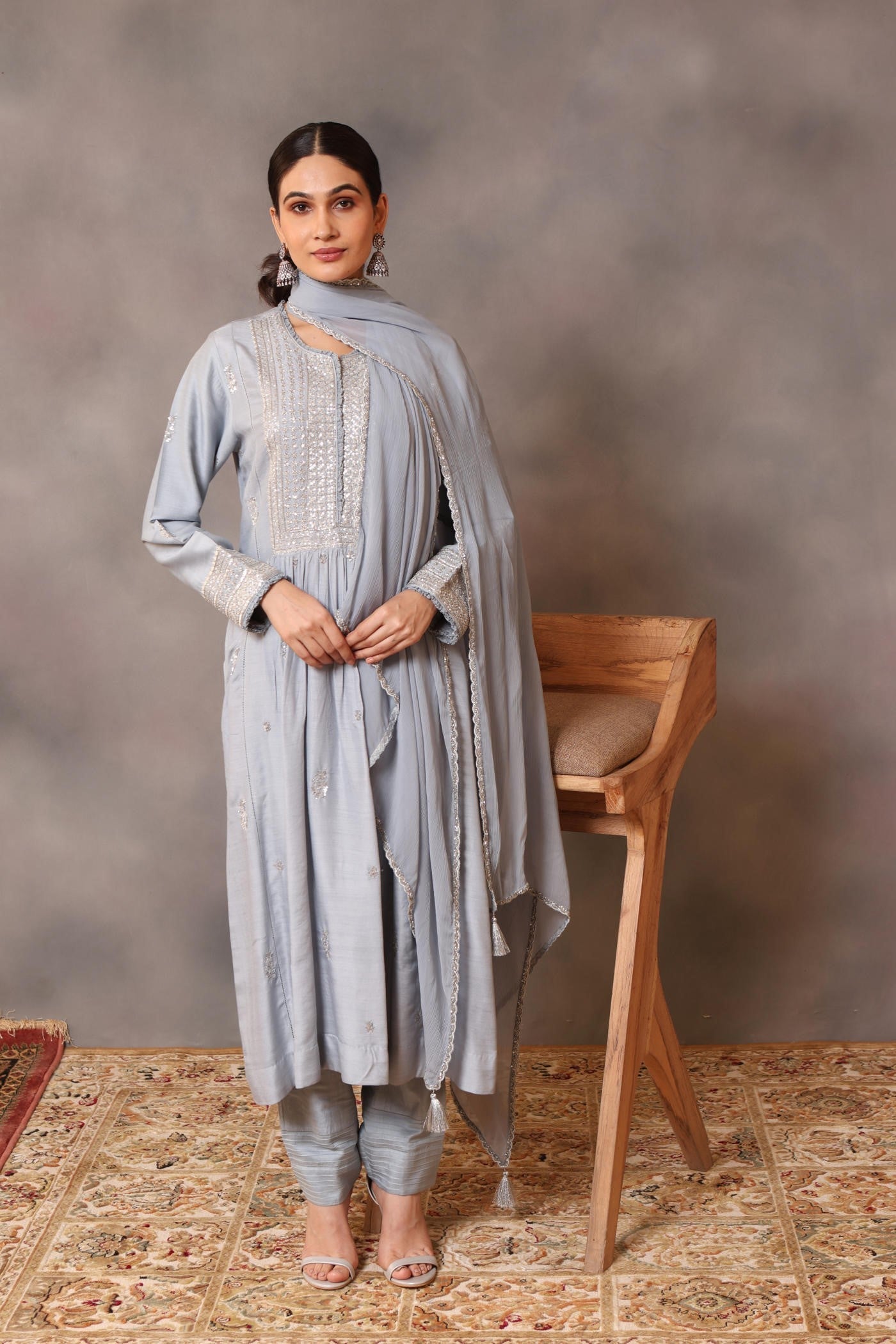 Hand Embroidered Shadow Blue Pure Muga Silk Kurta Pants Set