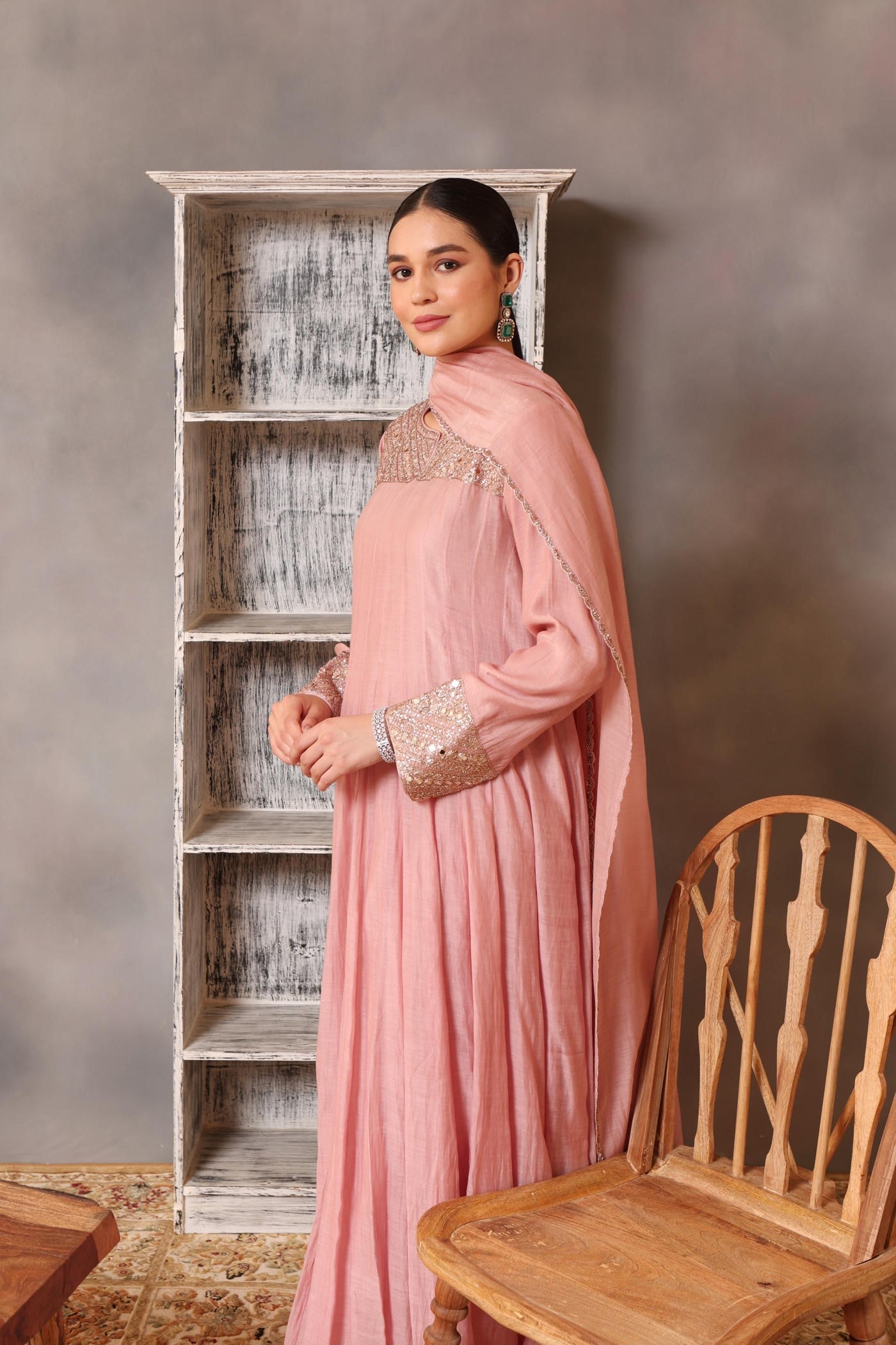Hand Embroidered Dusty Pink Pure Cotton Silk Anarkali Churidaar Set