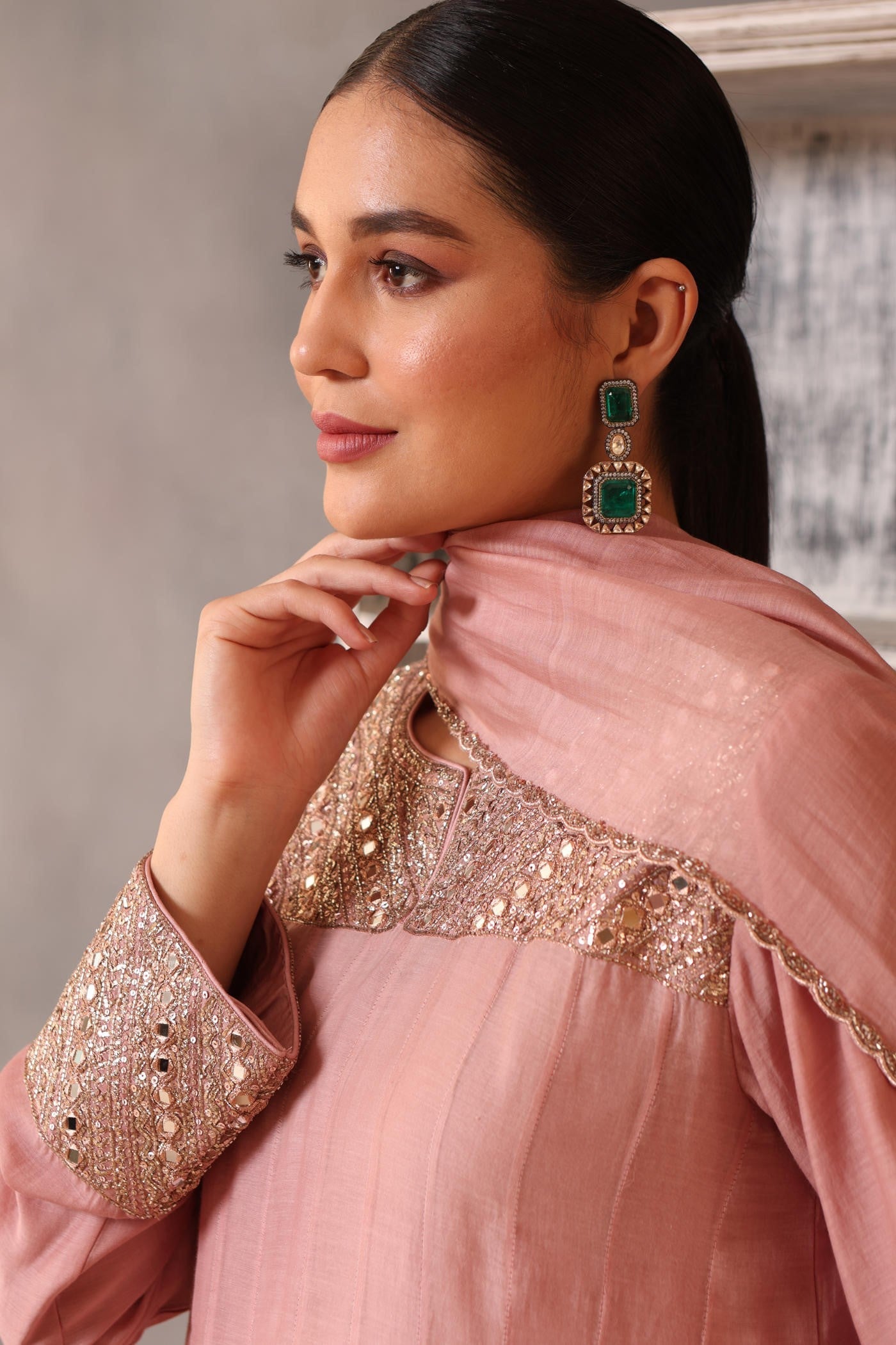 Hand Embroidered Dusty Pink Pure Cotton Silk Anarkali Churidaar Set