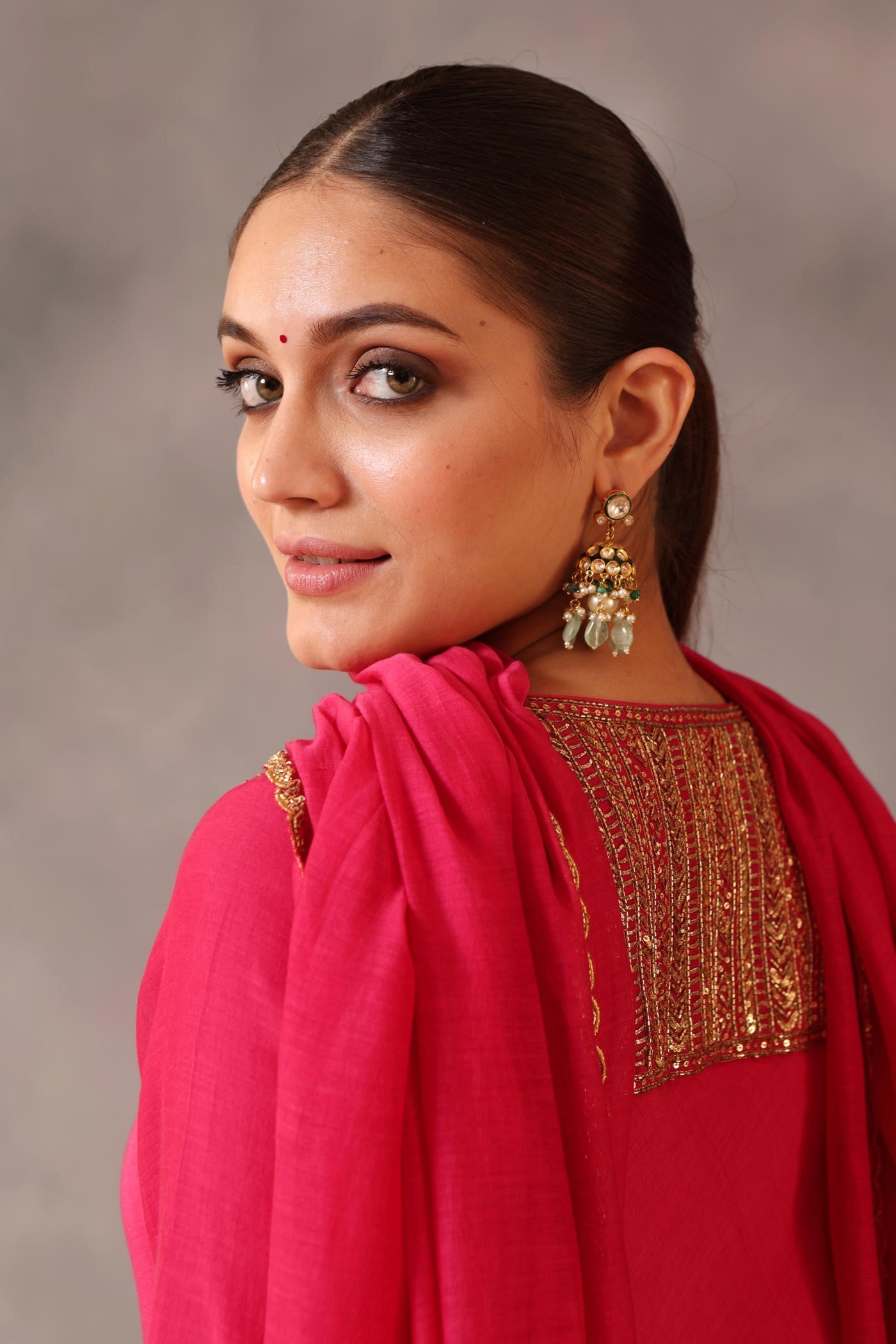 Hand Embroidered Rani Pink Pure Silk Cotton Kurta Churidaar Set