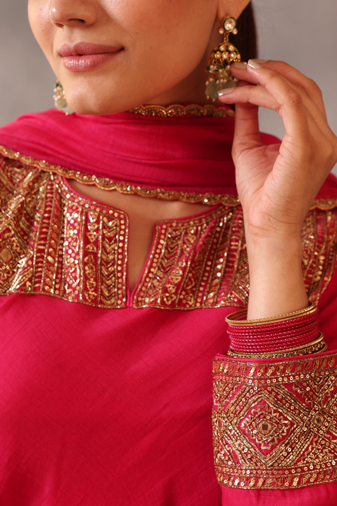 Hand Embroidered Rani Pink Pure Silk Cotton Kurta Churidaar Set