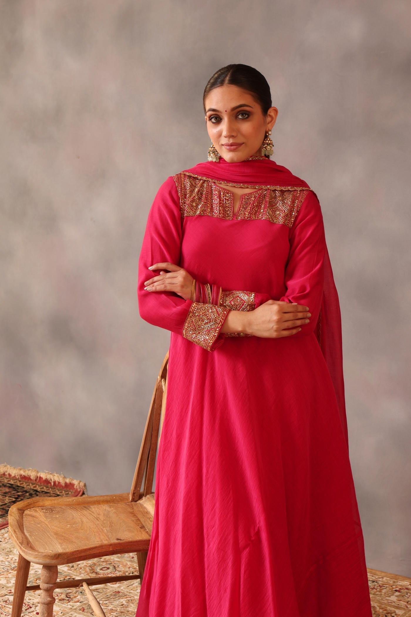 Hand Embroidered Rani Pink Pure Silk Cotton Kurta Churidaar Set