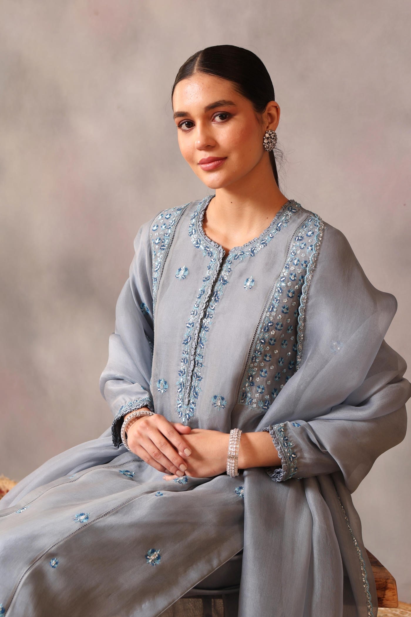 Hand Embroidered Faded Denim Pure Silk Organza Kurta Pants Set