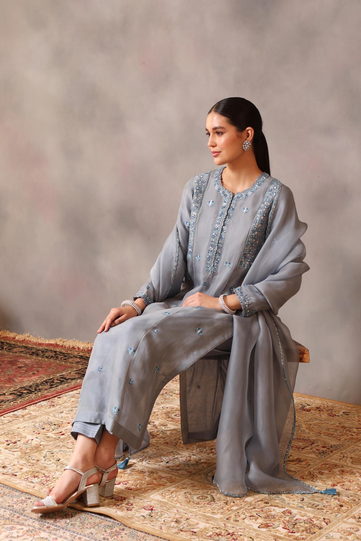 Hand Embroidered Faded Denim Pure Silk Organza Kurta Pants Set