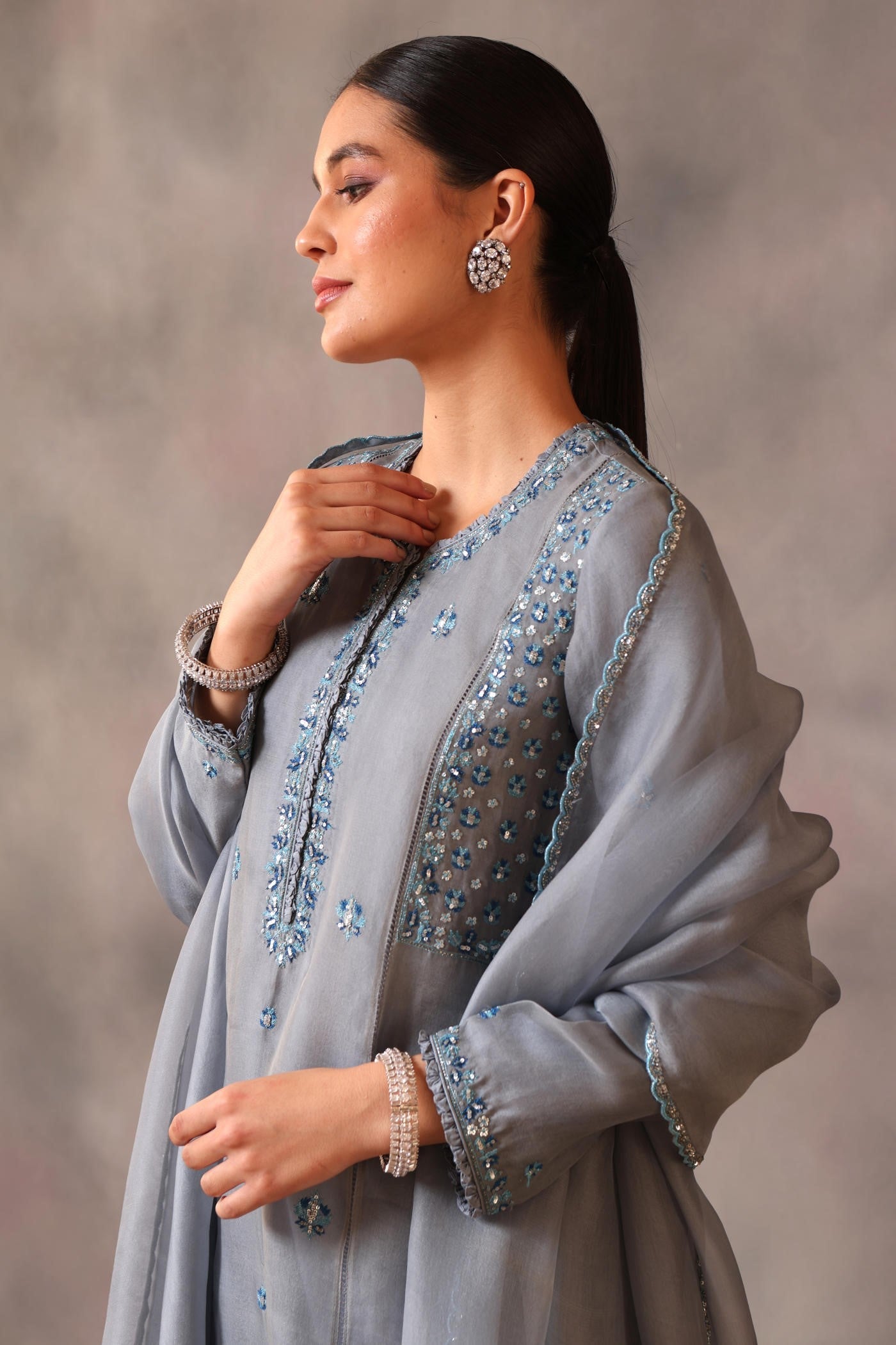 Hand Embroidered Faded Denim Pure Silk Organza Kurta Pants Set