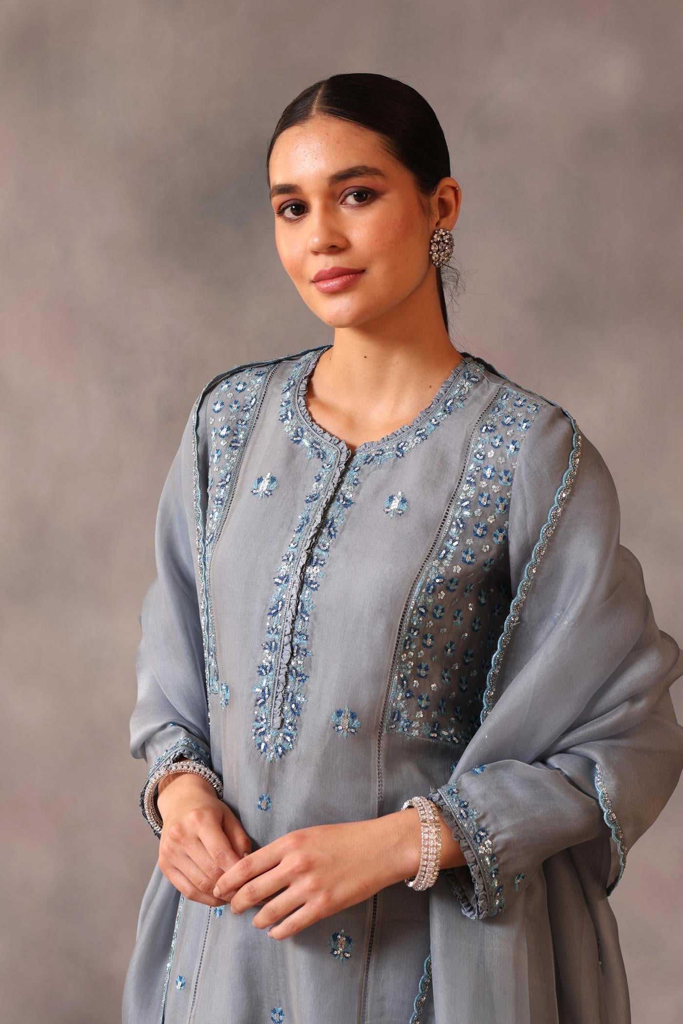Hand Embroidered Faded Denim Pure Silk Organza Kurta Pants Set
